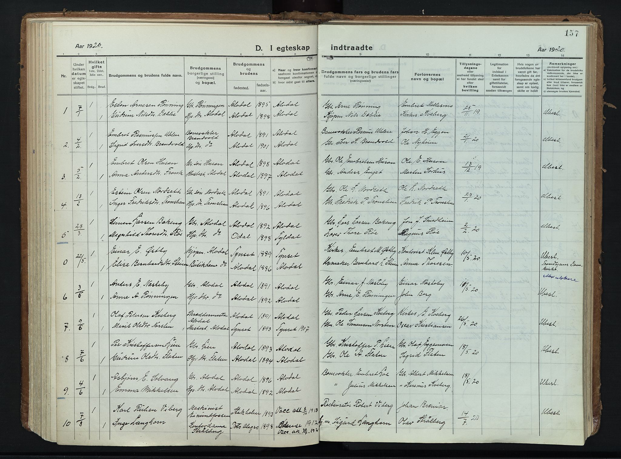 Alvdal prestekontor, AV/SAH-PREST-060/H/Ha/Haa/L0006: Ministerialbok nr. 6, 1920-1937, s. 157