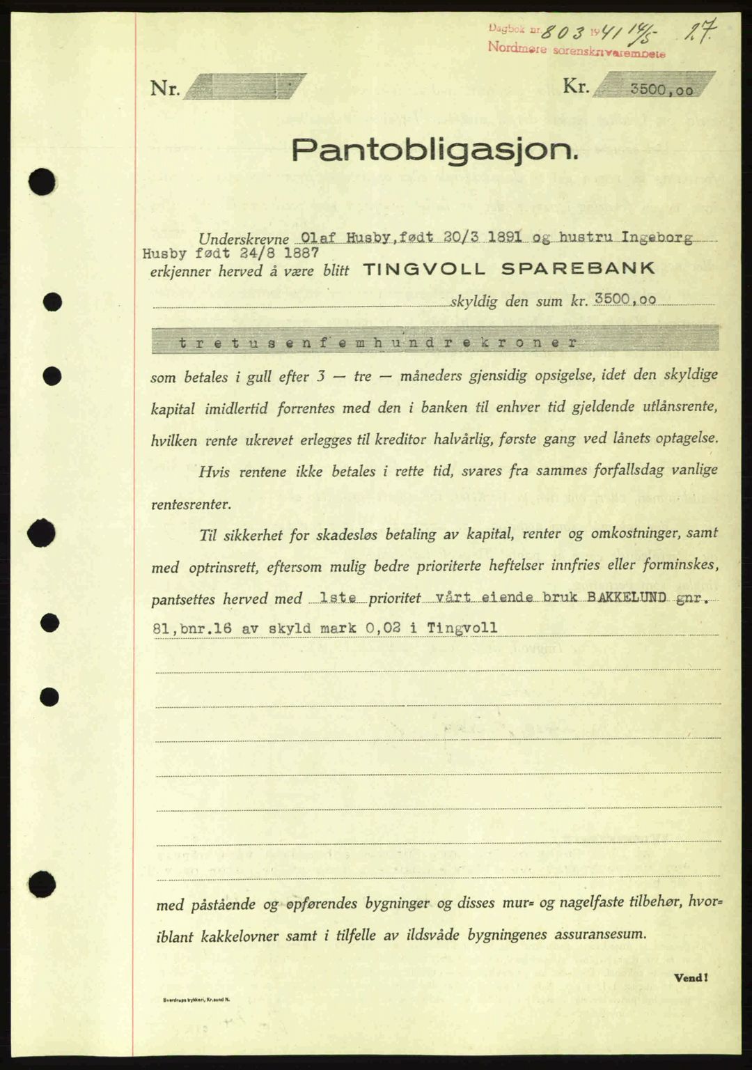 Nordmøre sorenskriveri, SAT/A-4132/1/2/2Ca: Pantebok nr. B88, 1941-1942, Dagboknr: 803/1941