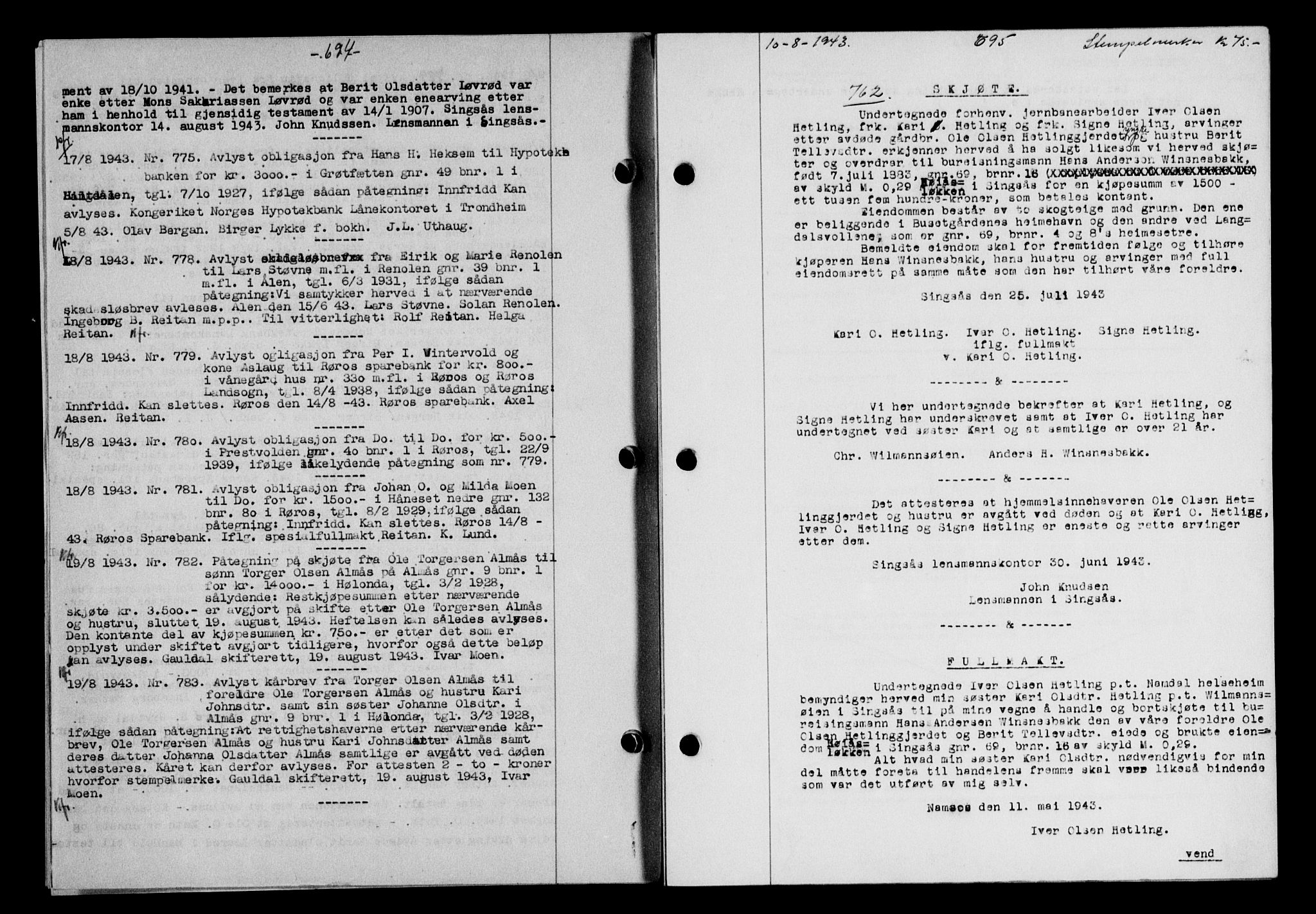 Gauldal sorenskriveri, SAT/A-0014/1/2/2C/L0056: Pantebok nr. 61, 1942-1943, Dagboknr: 762/1943