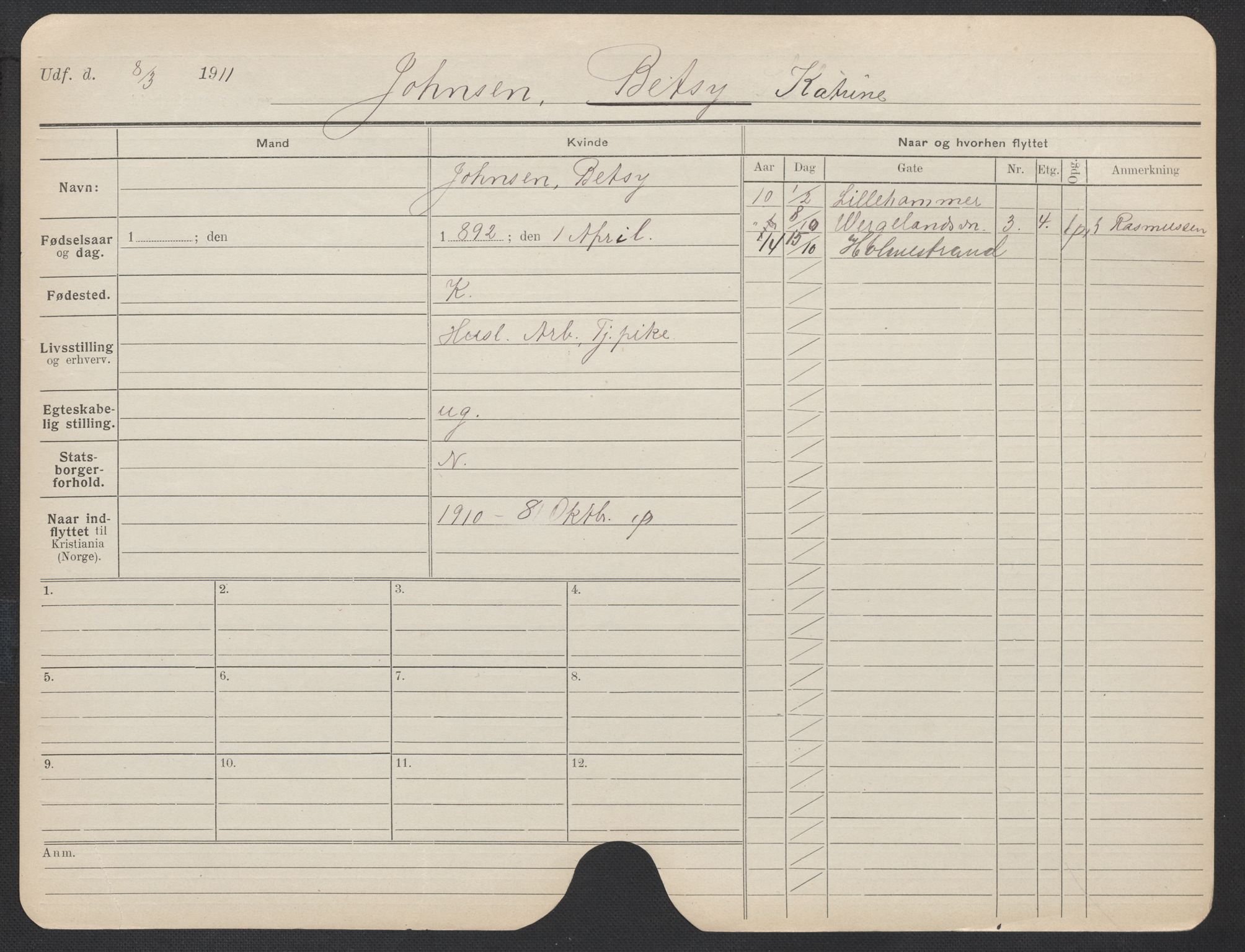 Oslo folkeregister, Registerkort, AV/SAO-A-11715/F/Fa/Fac/L0018: Kvinner, 1906-1914, s. 478a