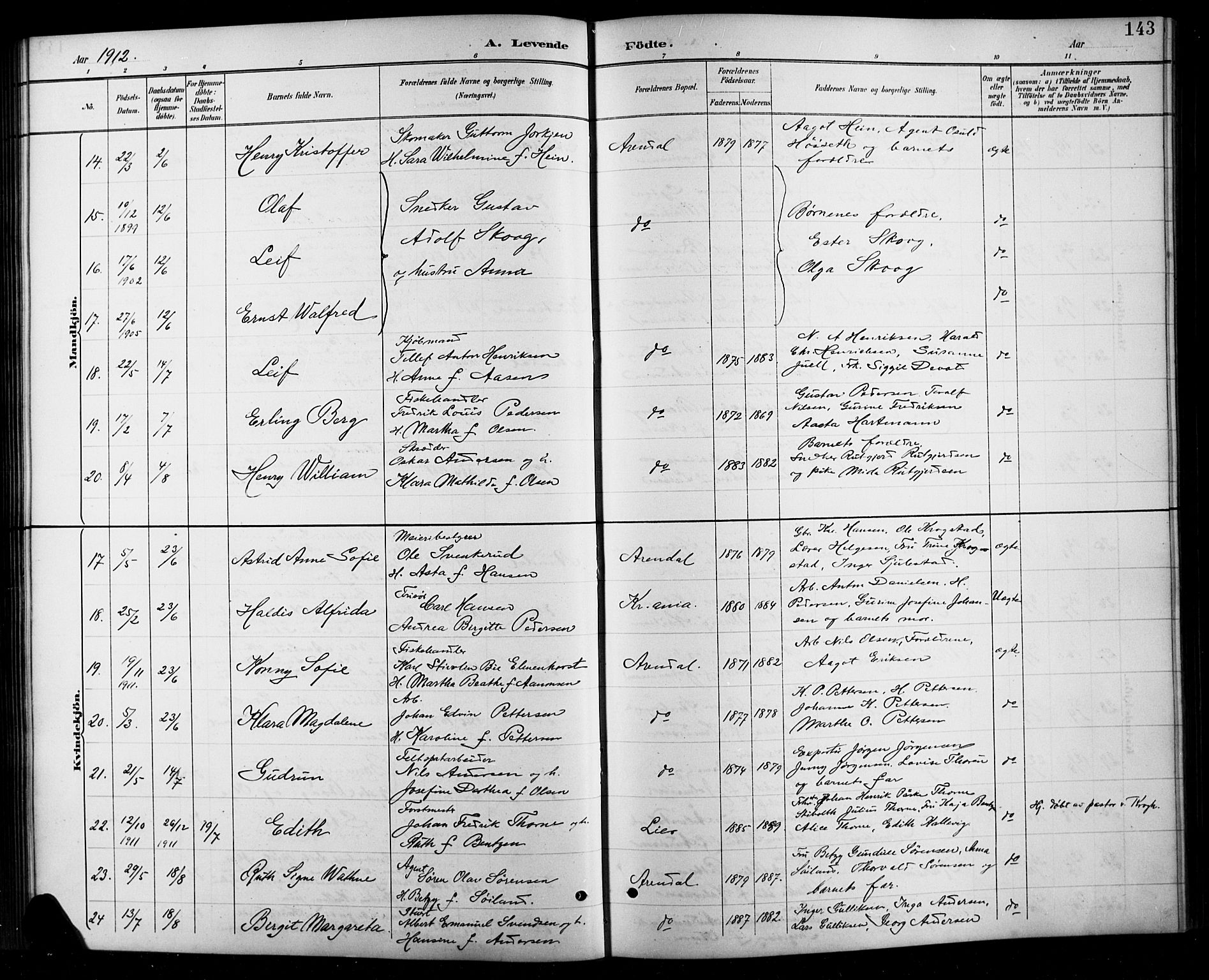 Arendal sokneprestkontor, Trefoldighet, AV/SAK-1111-0040/F/Fb/L0006: Klokkerbok nr. B 6, 1889-1916, s. 143