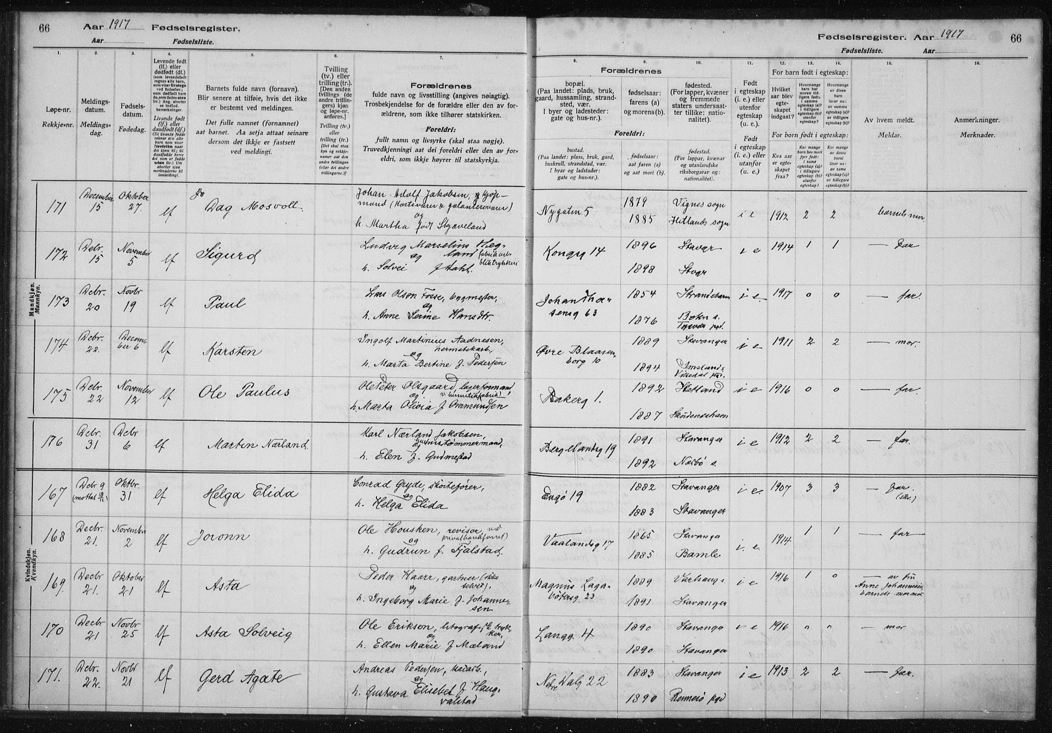 St. Petri sokneprestkontor, AV/SAST-A-101813/002/A/L0001: Fødselsregister nr. 1, 1916-1922, s. 66