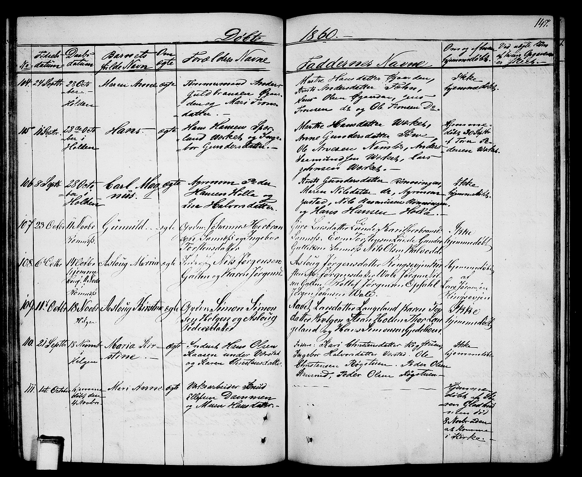 Holla kirkebøker, AV/SAKO-A-272/G/Ga/L0003: Klokkerbok nr. I 3, 1849-1866, s. 147