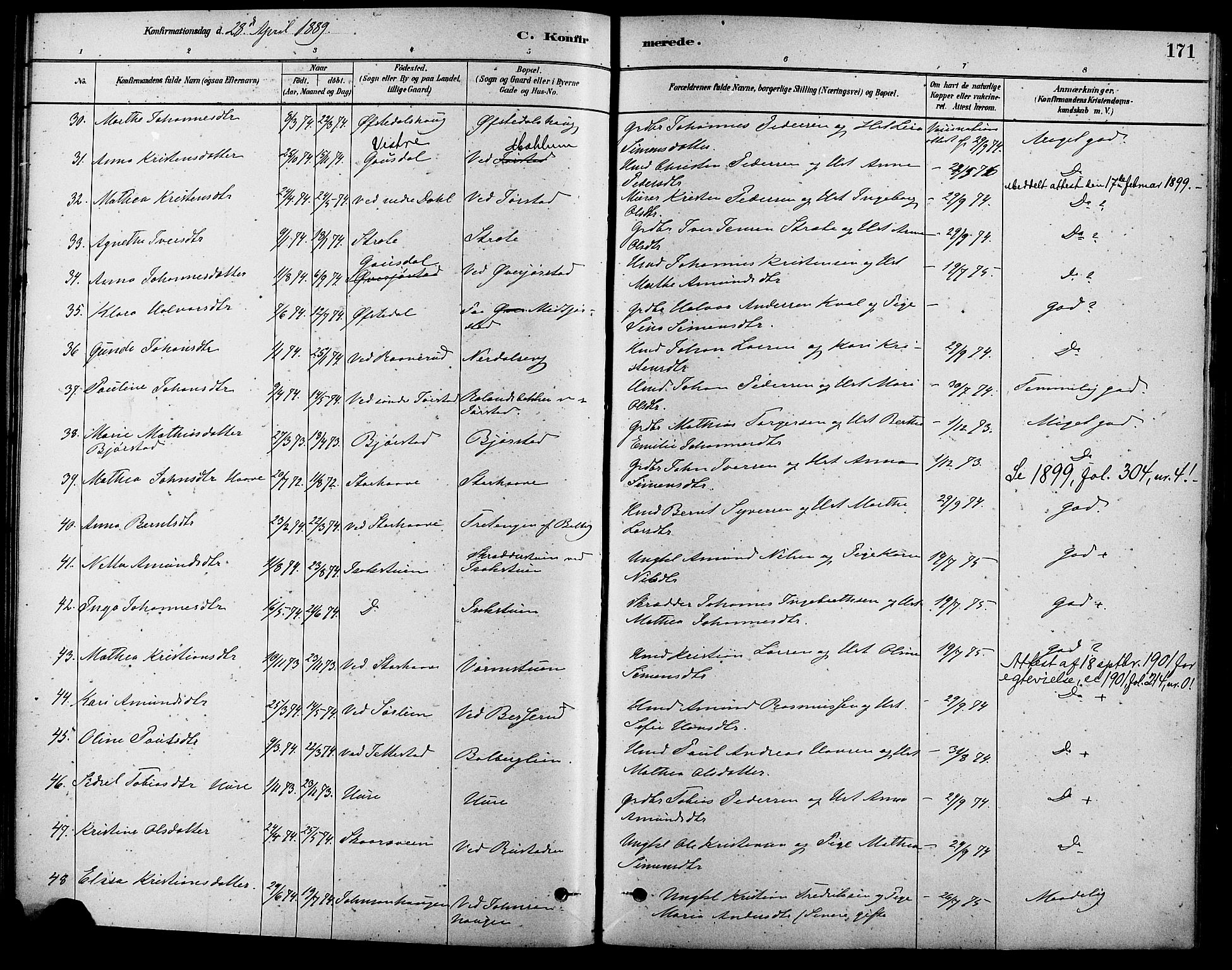 Fåberg prestekontor, AV/SAH-PREST-086/H/Ha/Haa/L0008: Ministerialbok nr. 8, 1879-1898, s. 171