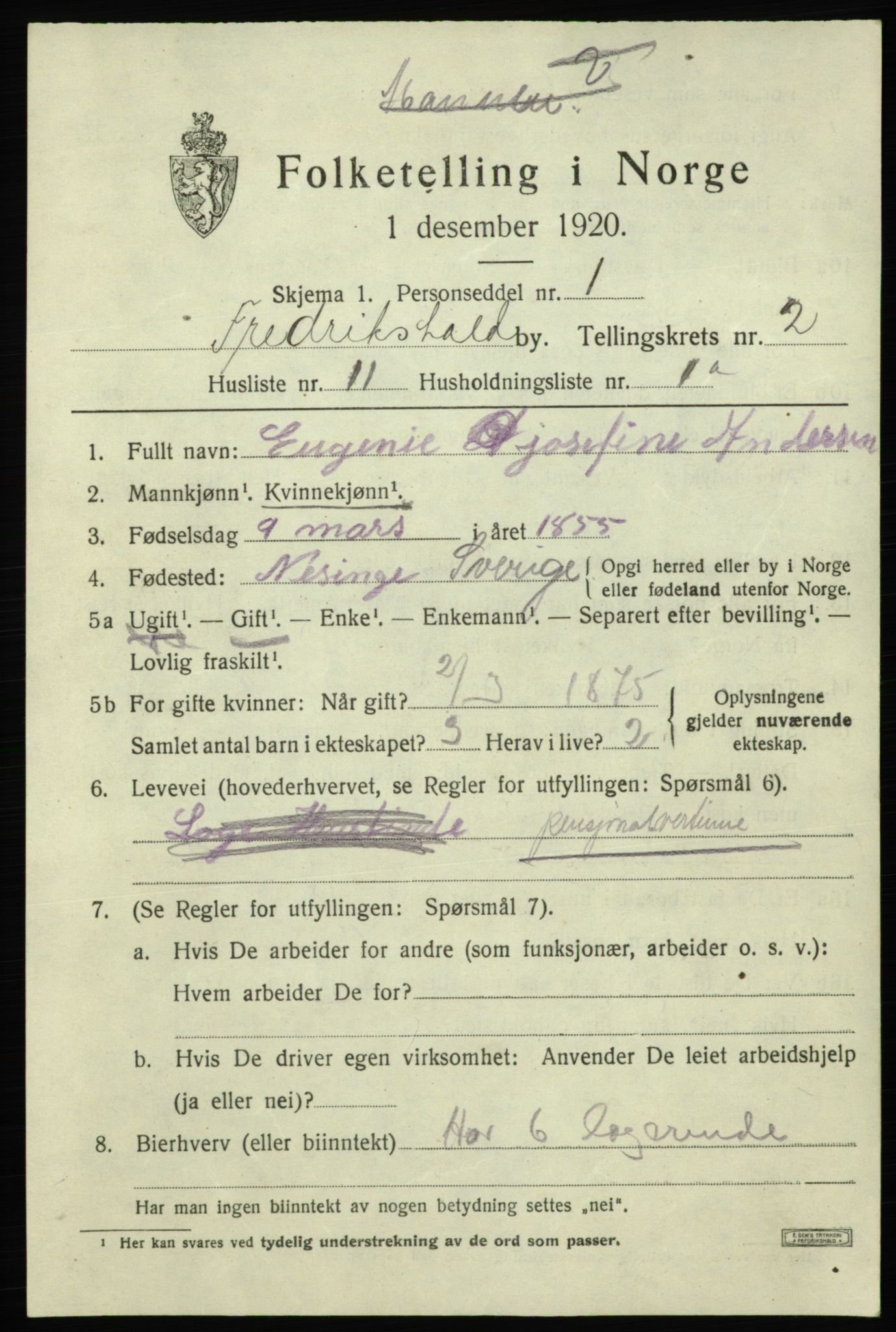 SAO, Folketelling 1920 for 0101 Fredrikshald kjøpstad, 1920, s. 9446