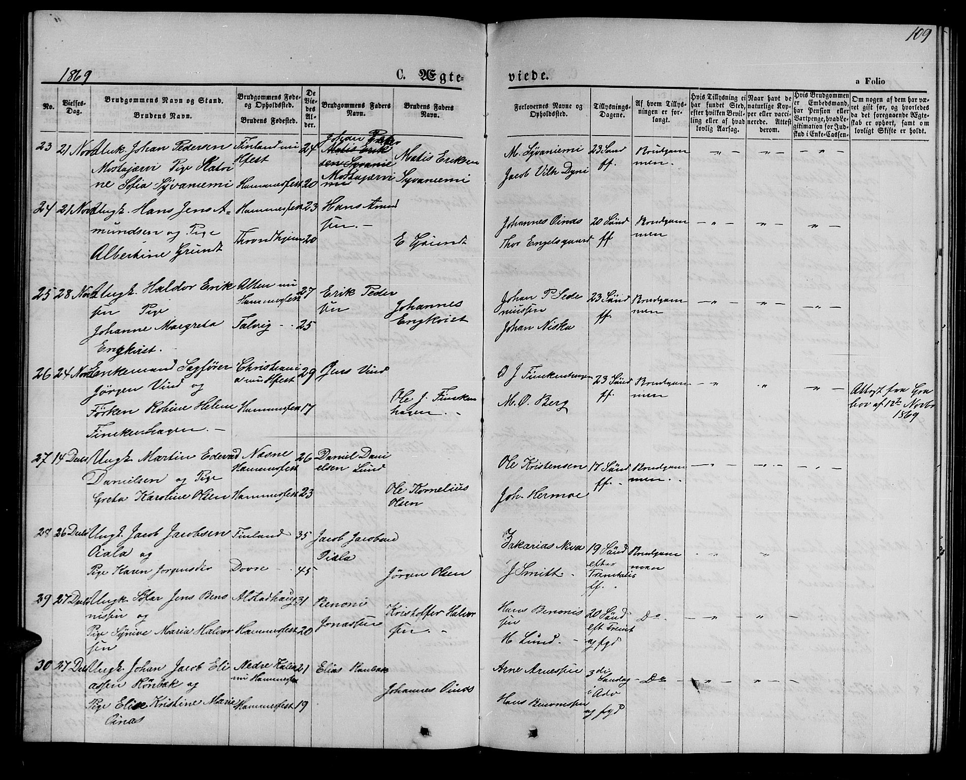 Hammerfest sokneprestkontor, SATØ/S-1347/H/Hb/L0004.klokk: Klokkerbok nr. 4, 1869-1877, s. 109