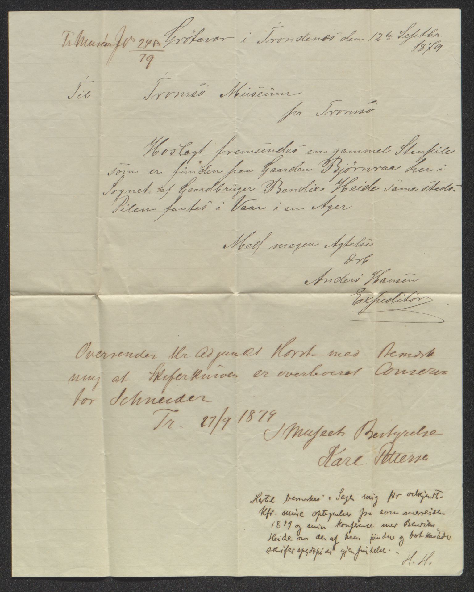 Tromsø Museum, AV/SATØ-S-0162/D/Db/L0033: Journalsaker og innkomne brev, 1879-1882, s. 78