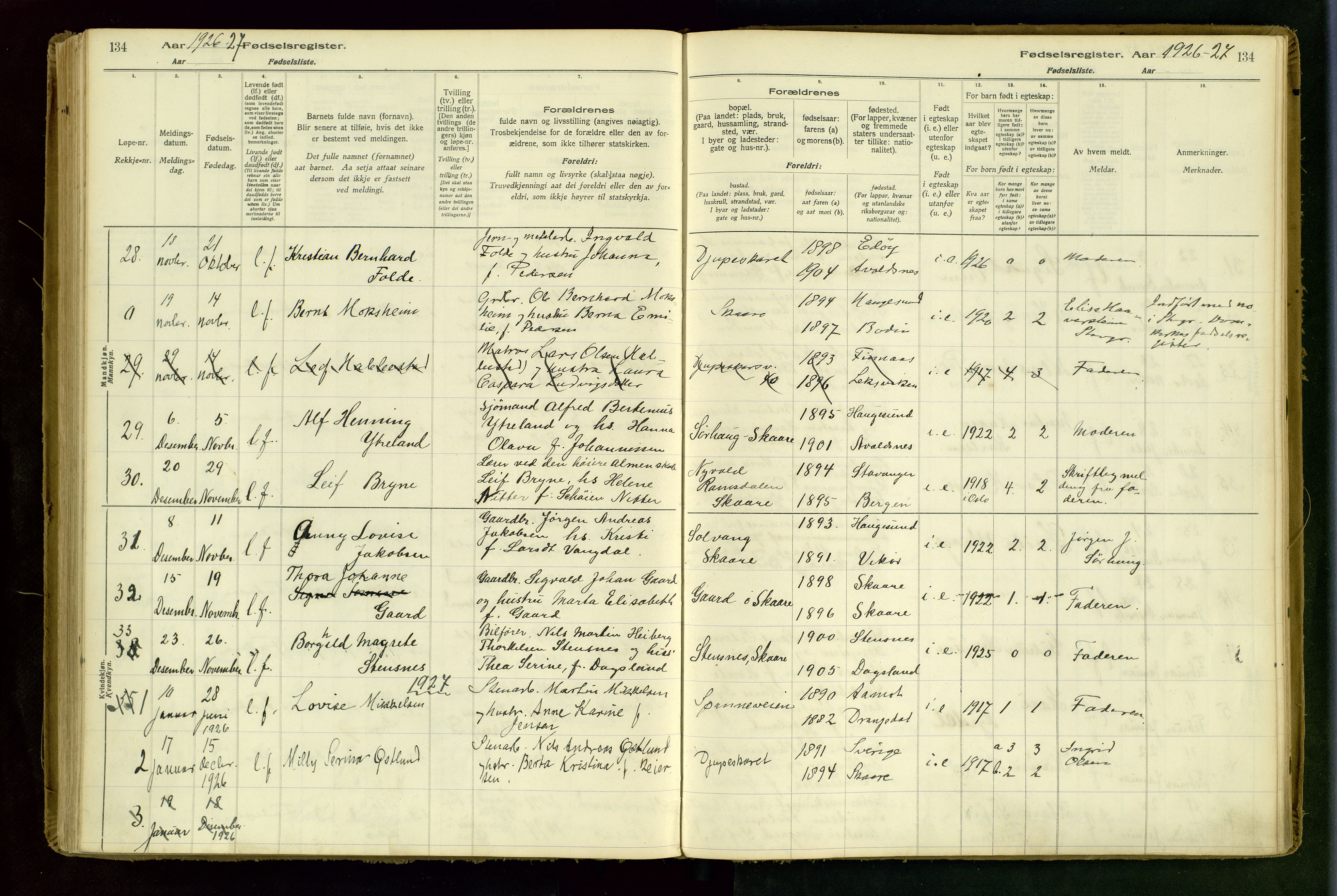 Haugesund sokneprestkontor, AV/SAST-A -101863/I/Id/L0001: Fødselsregister nr. 1, 1916-1935, s. 134