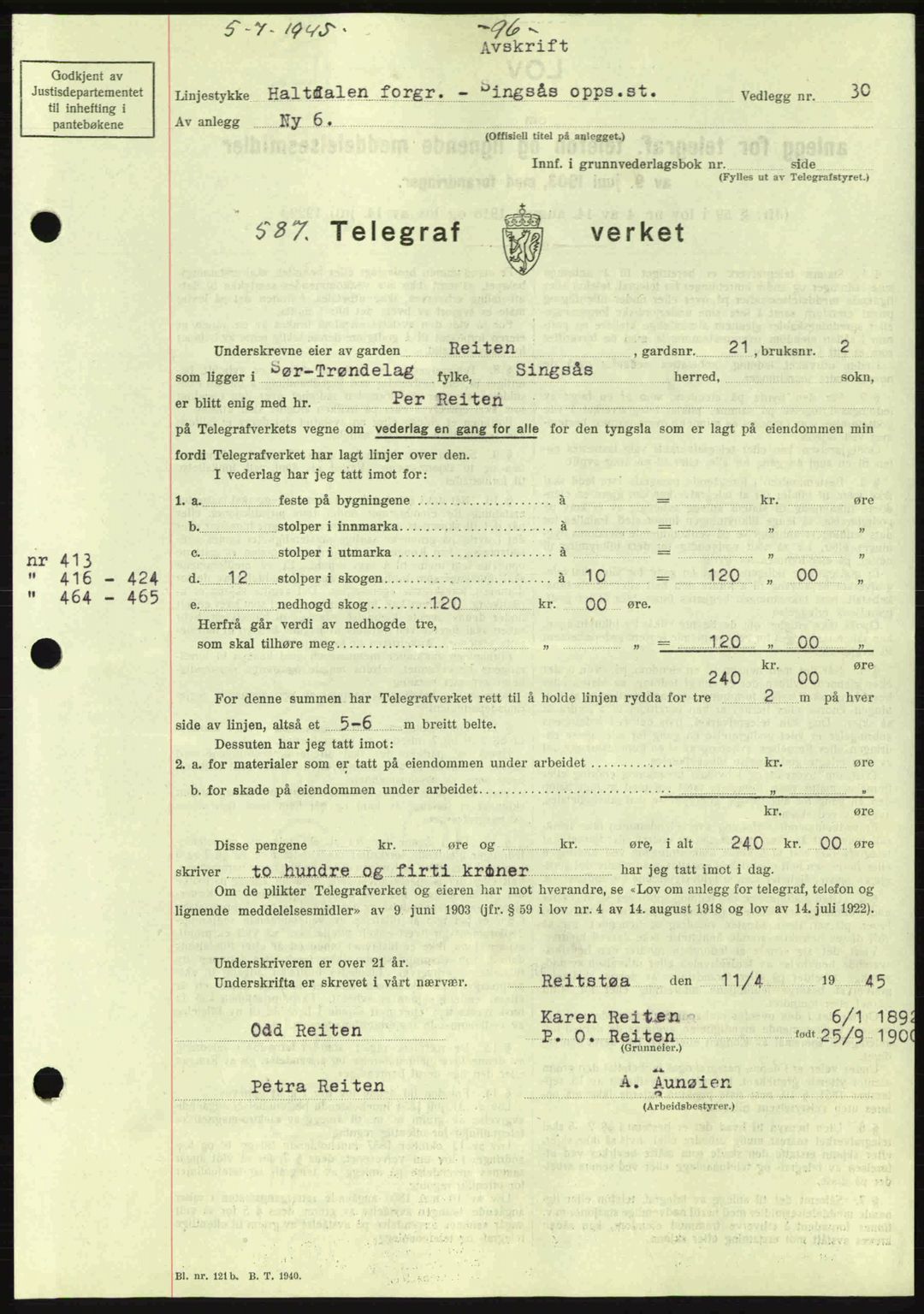Gauldal sorenskriveri, SAT/A-0014/1/2/2C: Pantebok nr. A1a, 1945-1945, Dagboknr: 587/1945