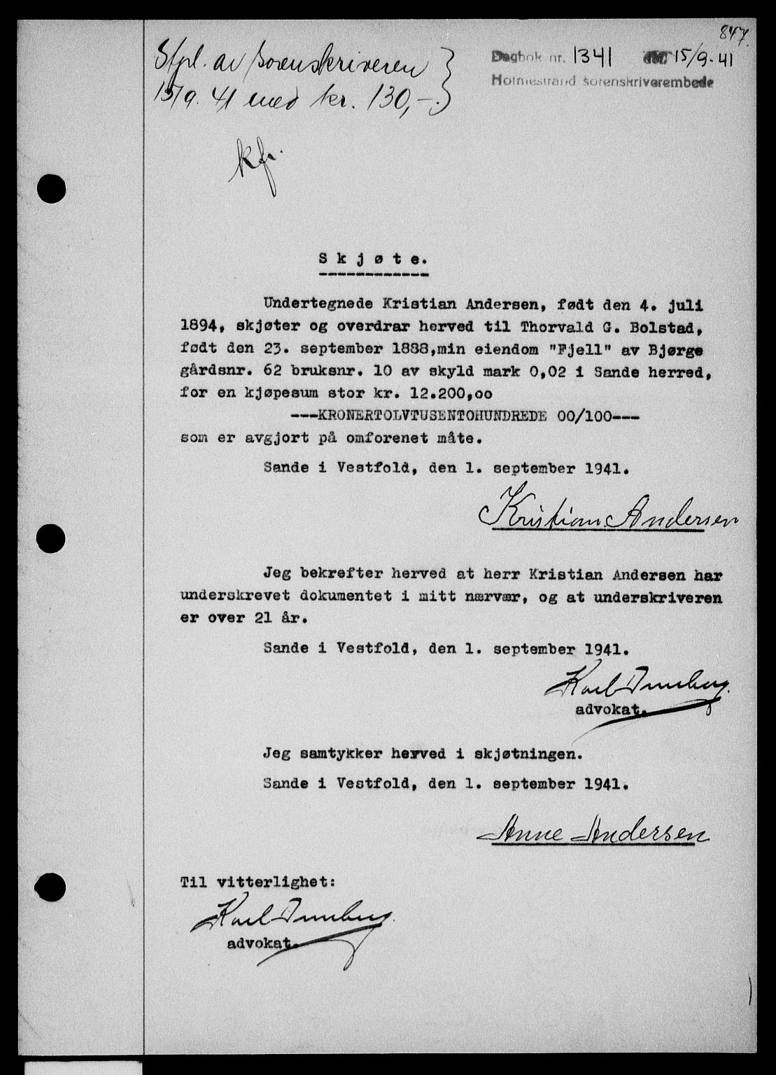 Holmestrand sorenskriveri, SAKO/A-67/G/Ga/Gaa/L0053: Pantebok nr. A-53, 1941-1941, Dagboknr: 1341/1941