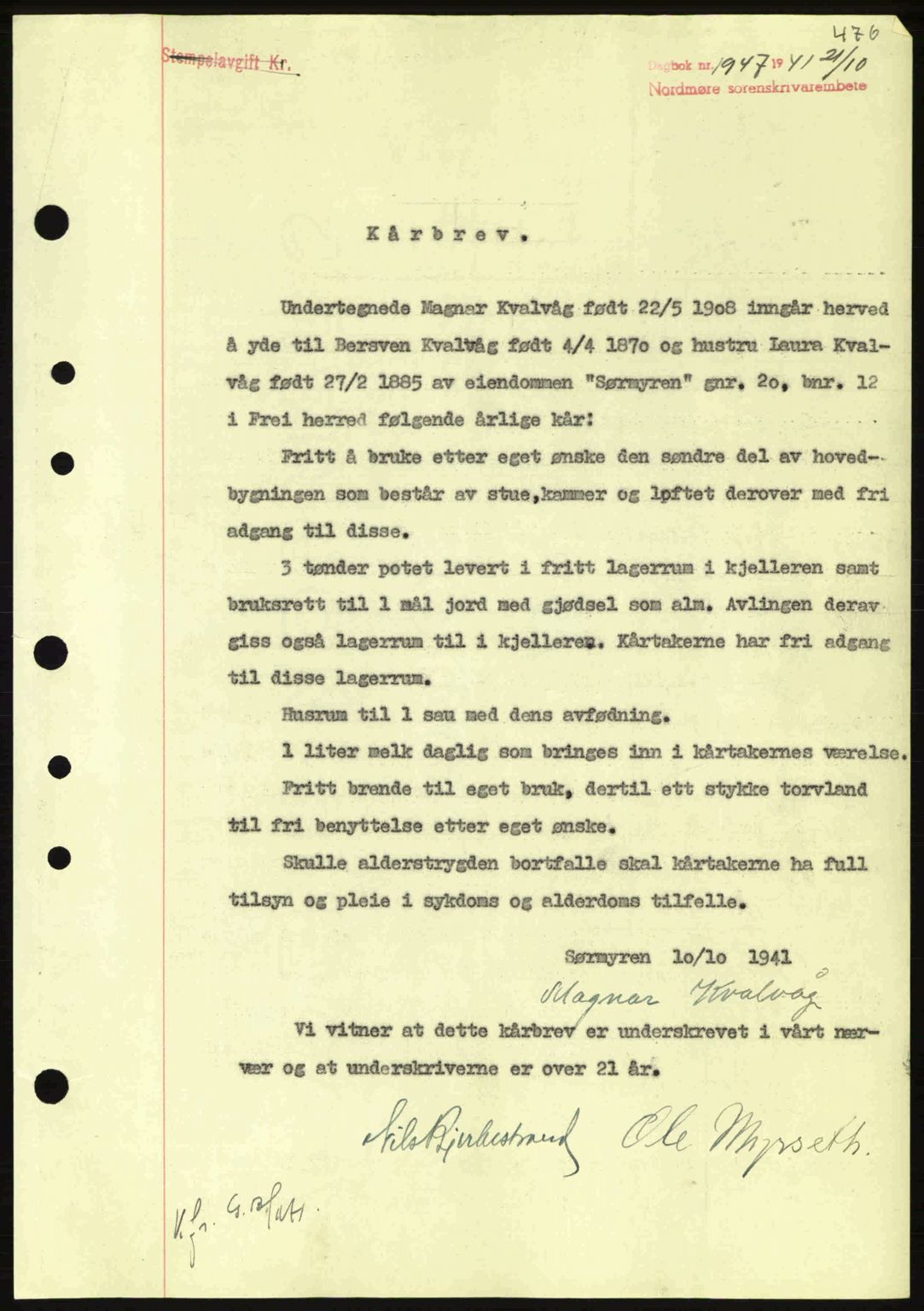 Nordmøre sorenskriveri, SAT/A-4132/1/2/2Ca: Pantebok nr. B88, 1941-1942, Dagboknr: 1947/1941