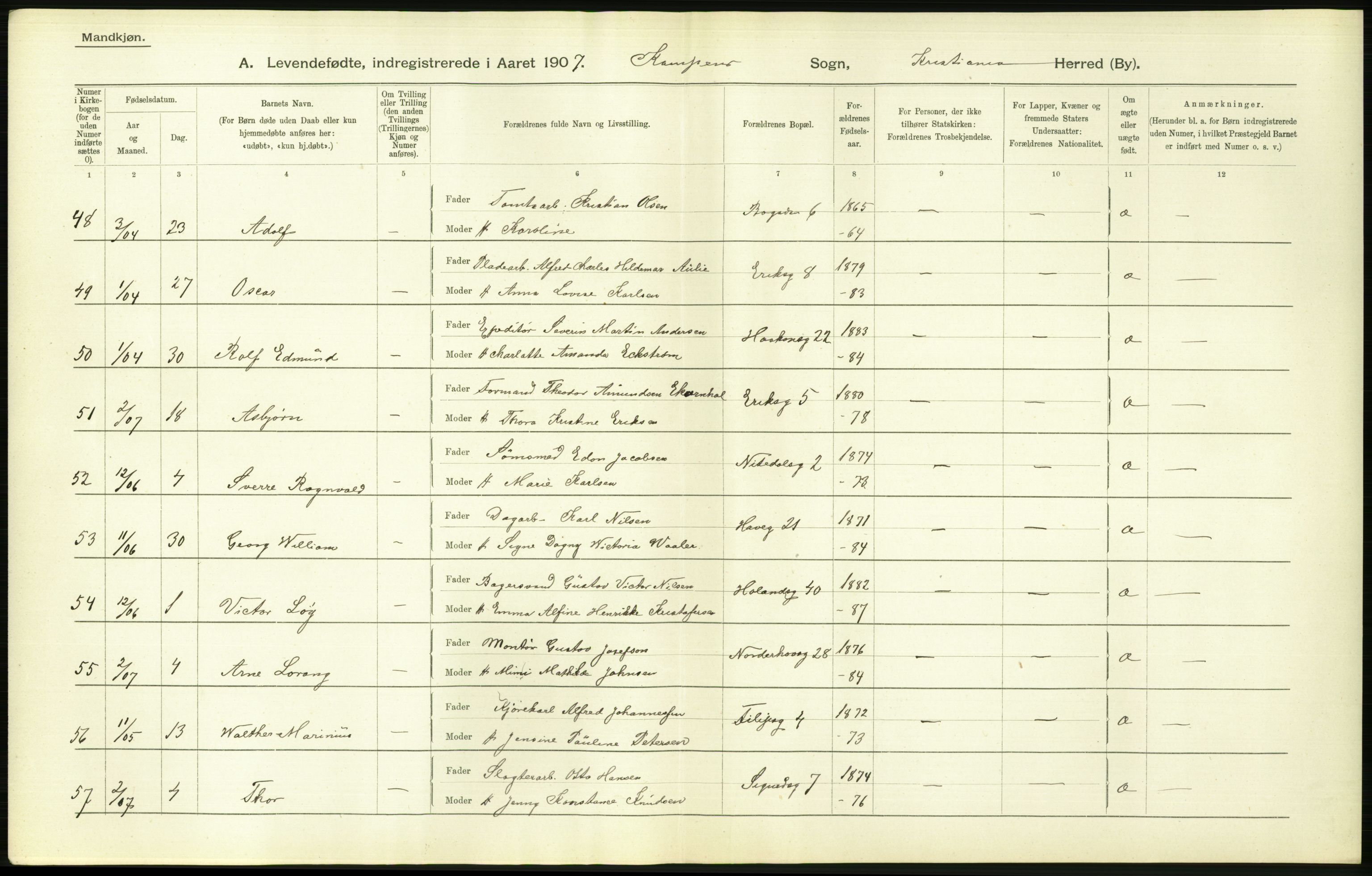 Statistisk sentralbyrå, Sosiodemografiske emner, Befolkning, AV/RA-S-2228/D/Df/Dfa/Dfae/L0007: Kristiania: Levendefødte menn og kvinner., 1907, s. 470