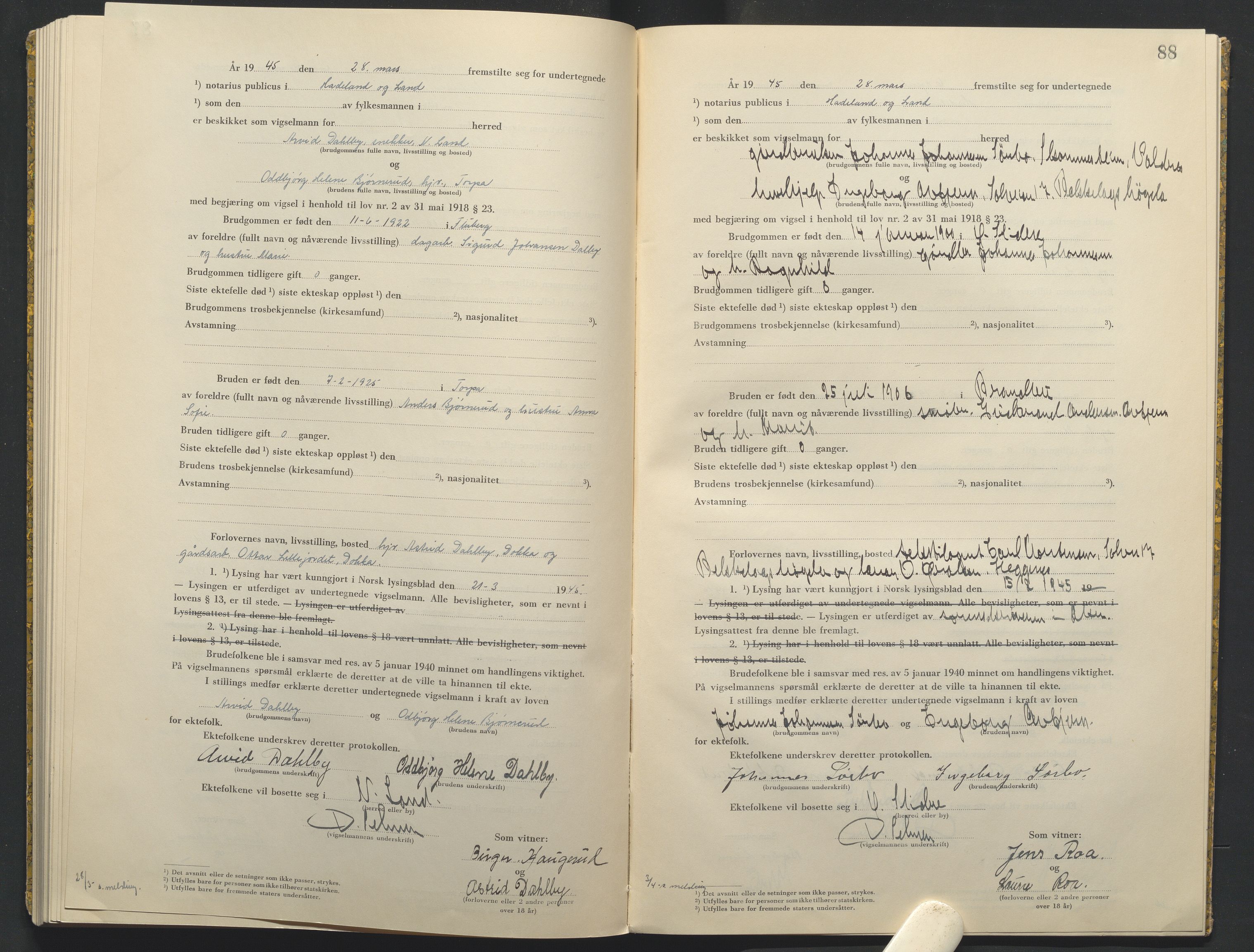 Hadeland og Land tingrett, AV/SAH-TING-010/L/Lb/L0003: Vigselbok, 1944-1946, s. 88