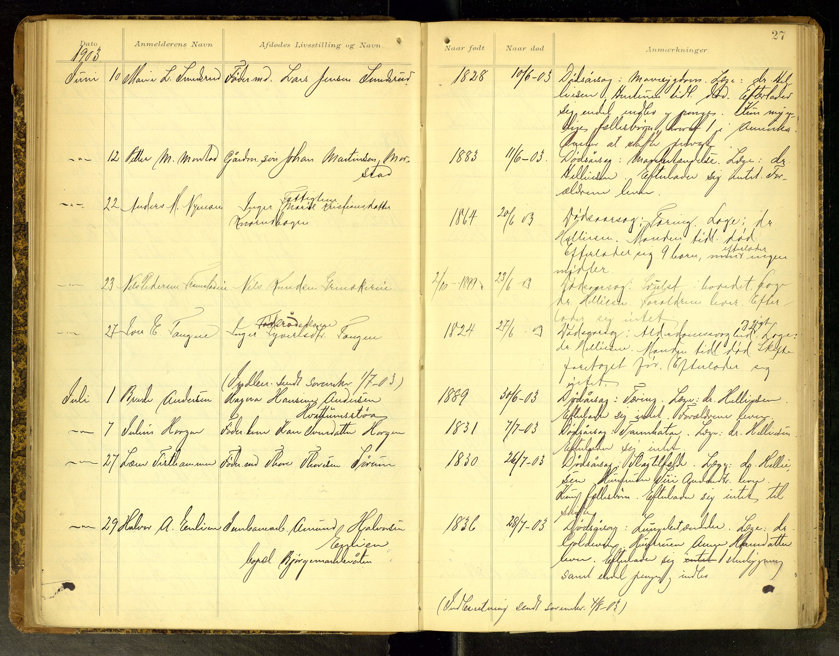 Gran lensmannskontor, AV/SAH-LOG-010/H/Ha/L0002: Dødsfallsprotokoll, 1899-1917, s. 27