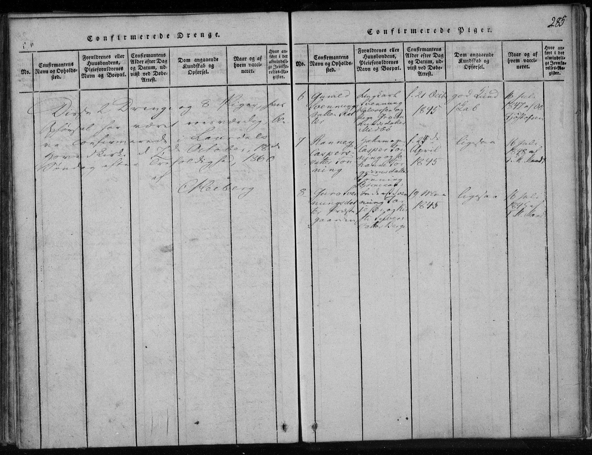 Lårdal kirkebøker, SAKO/A-284/F/Fa/L0005: Ministerialbok nr. I 5, 1815-1860, s. 285