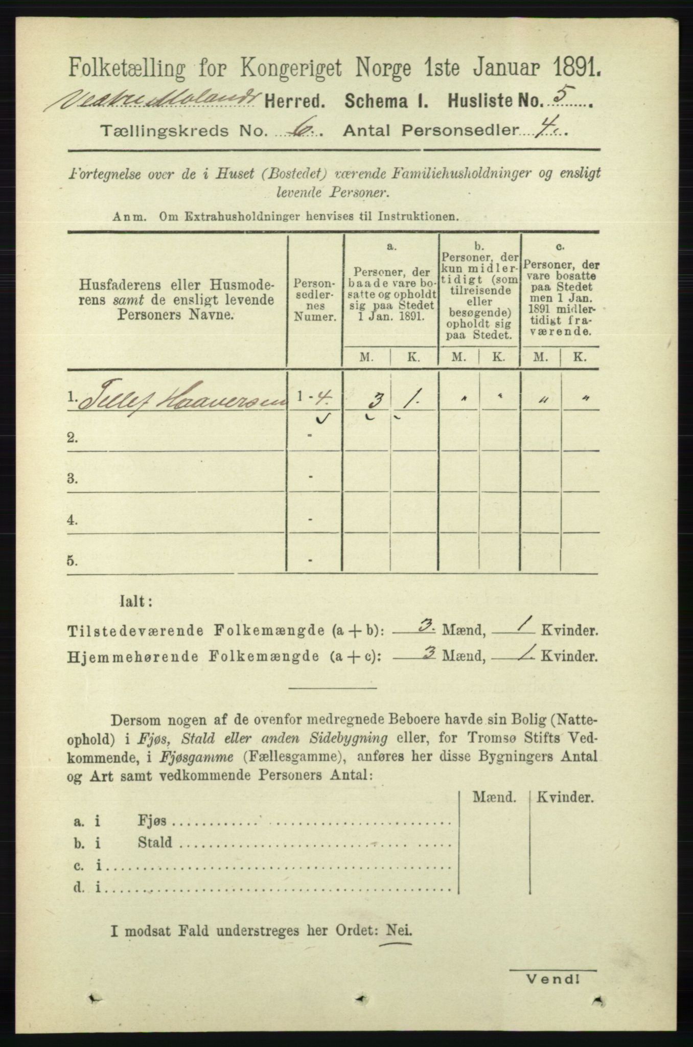 RA, Folketelling 1891 for 0926 Vestre Moland herred, 1891, s. 2274