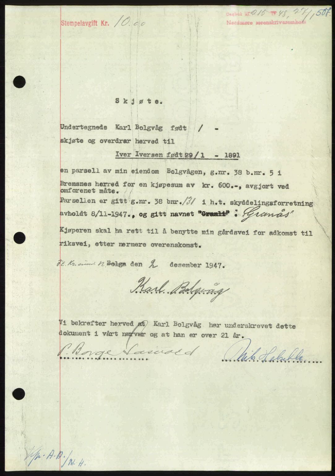 Nordmøre sorenskriveri, SAT/A-4132/1/2/2Ca: Pantebok nr. A107, 1947-1948, Dagboknr: 215/1948