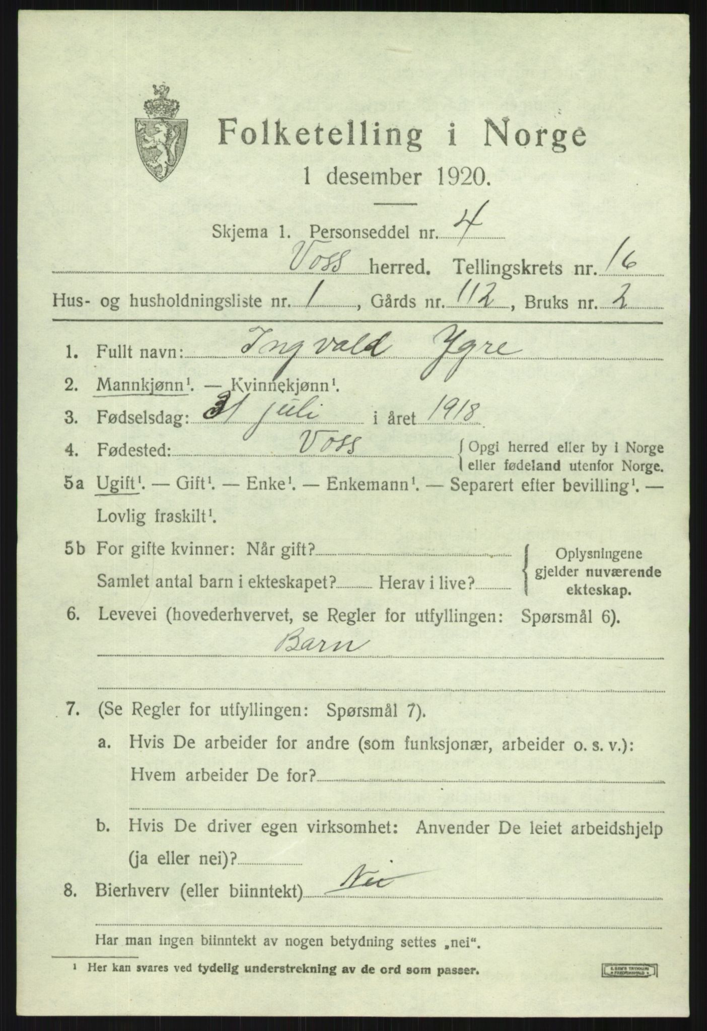 SAB, Folketelling 1920 for 1235 Voss herred, 1920, s. 13073