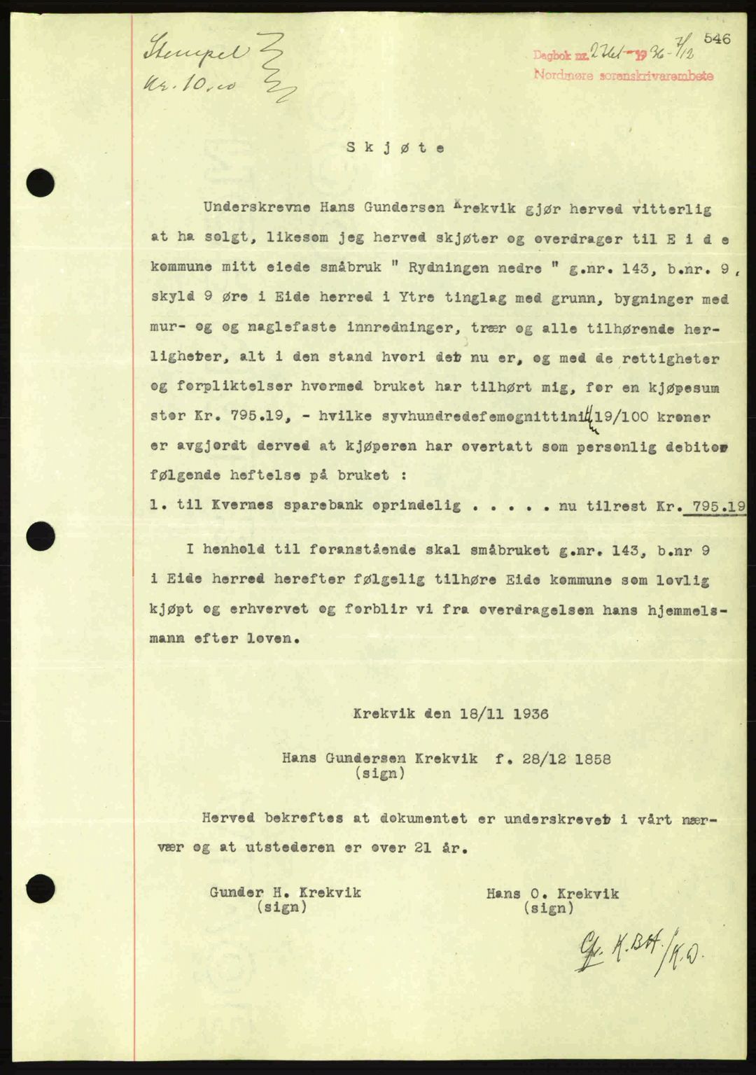 Nordmøre sorenskriveri, SAT/A-4132/1/2/2Ca: Pantebok nr. A80, 1936-1937, Dagboknr: 2761/1936