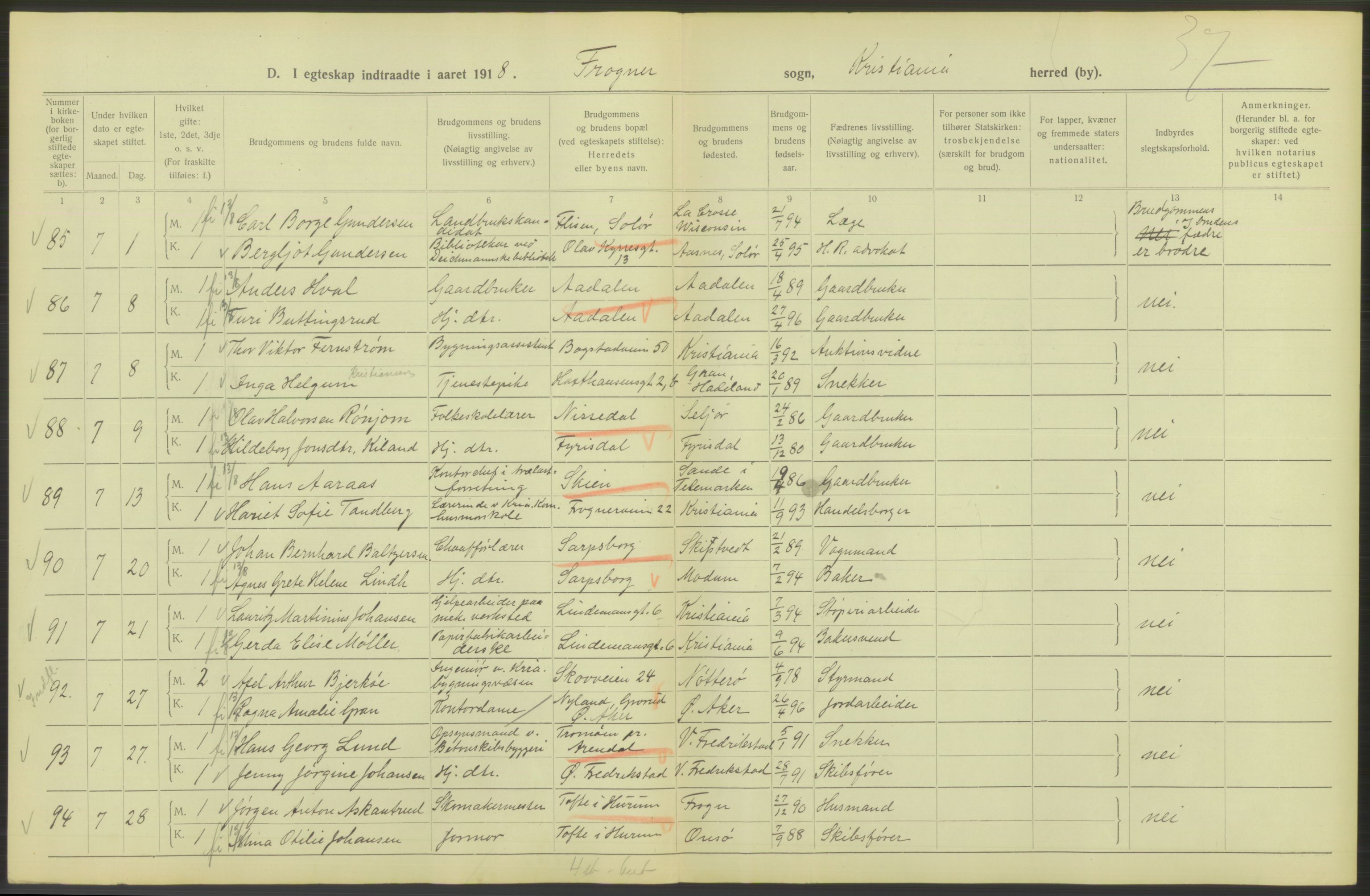 Statistisk sentralbyrå, Sosiodemografiske emner, Befolkning, AV/RA-S-2228/D/Df/Dfb/Dfbh/L0009: Kristiania: Gifte, 1918, s. 146