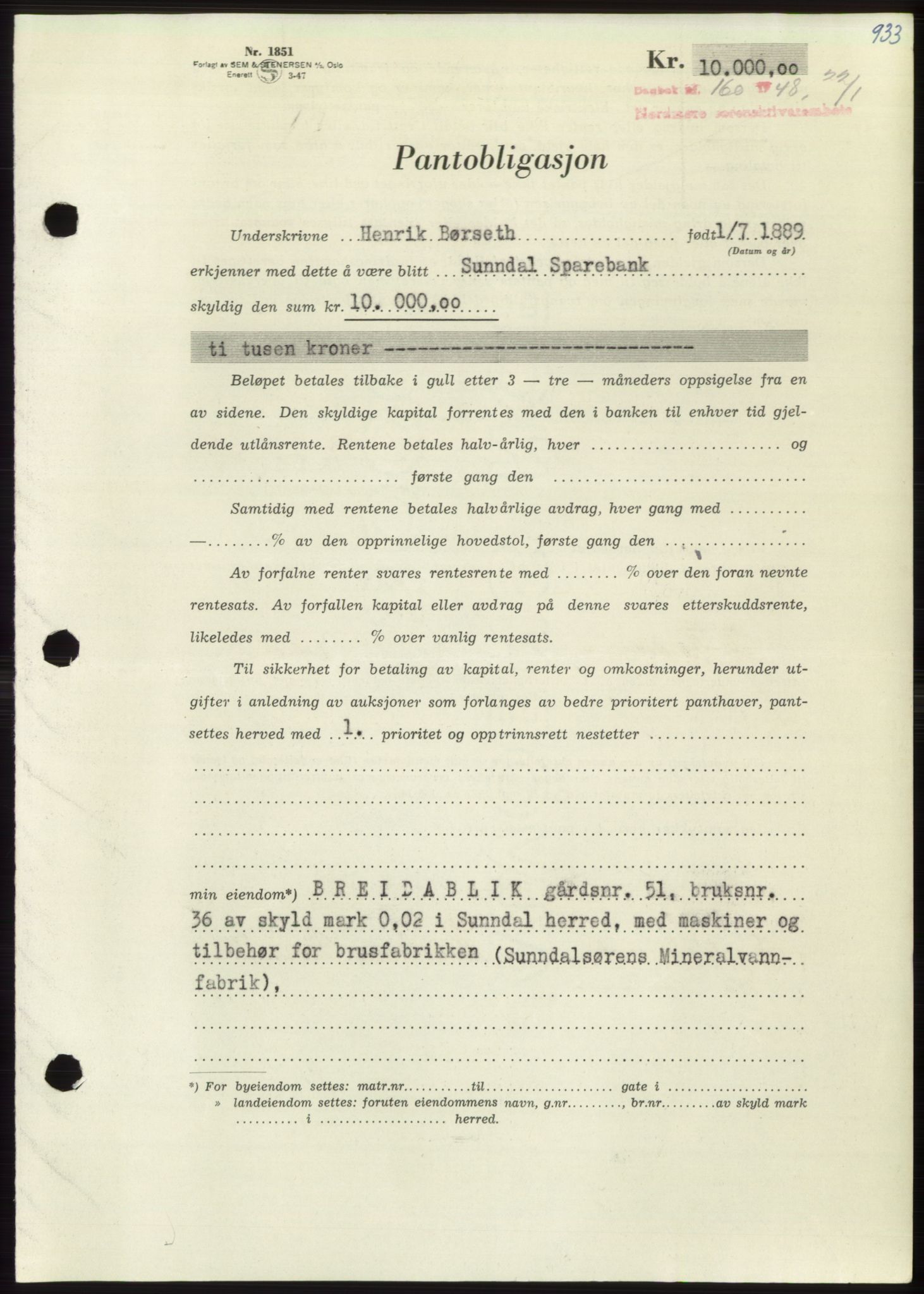 Nordmøre sorenskriveri, AV/SAT-A-4132/1/2/2Ca: Pantebok nr. B97, 1947-1948, Dagboknr: 160/1948