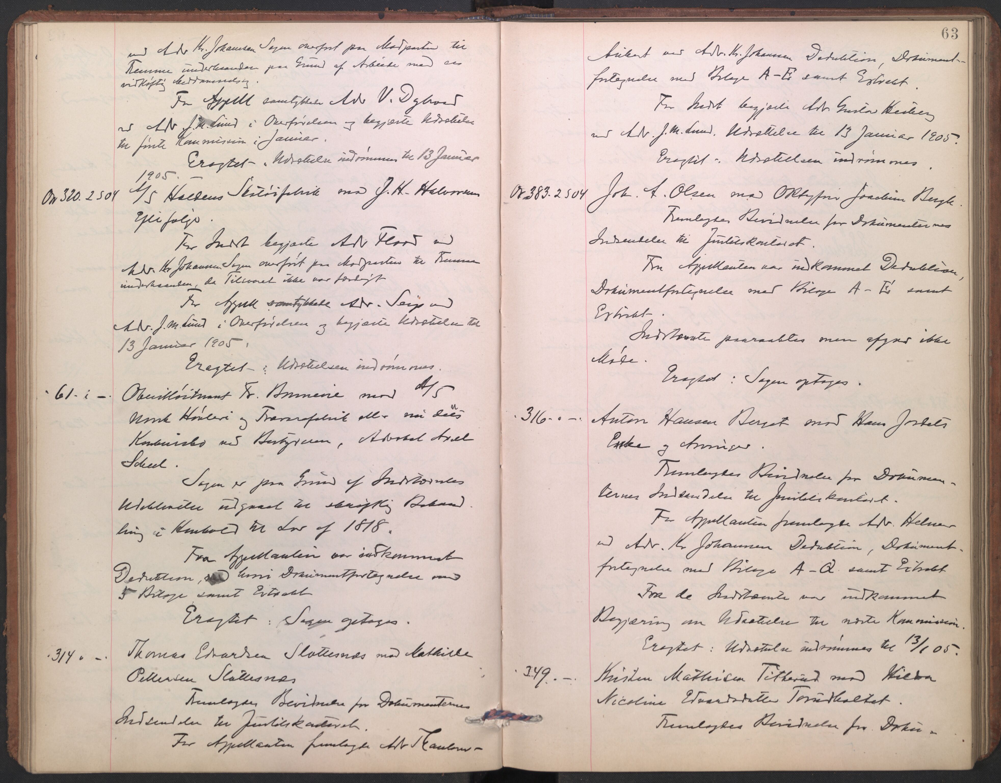 Høyesterett, AV/RA-S-1002/E/Ef/L0021: Protokoll over saker som gikk til skriftlig behandling, 1904-1907, s. 62b-63a