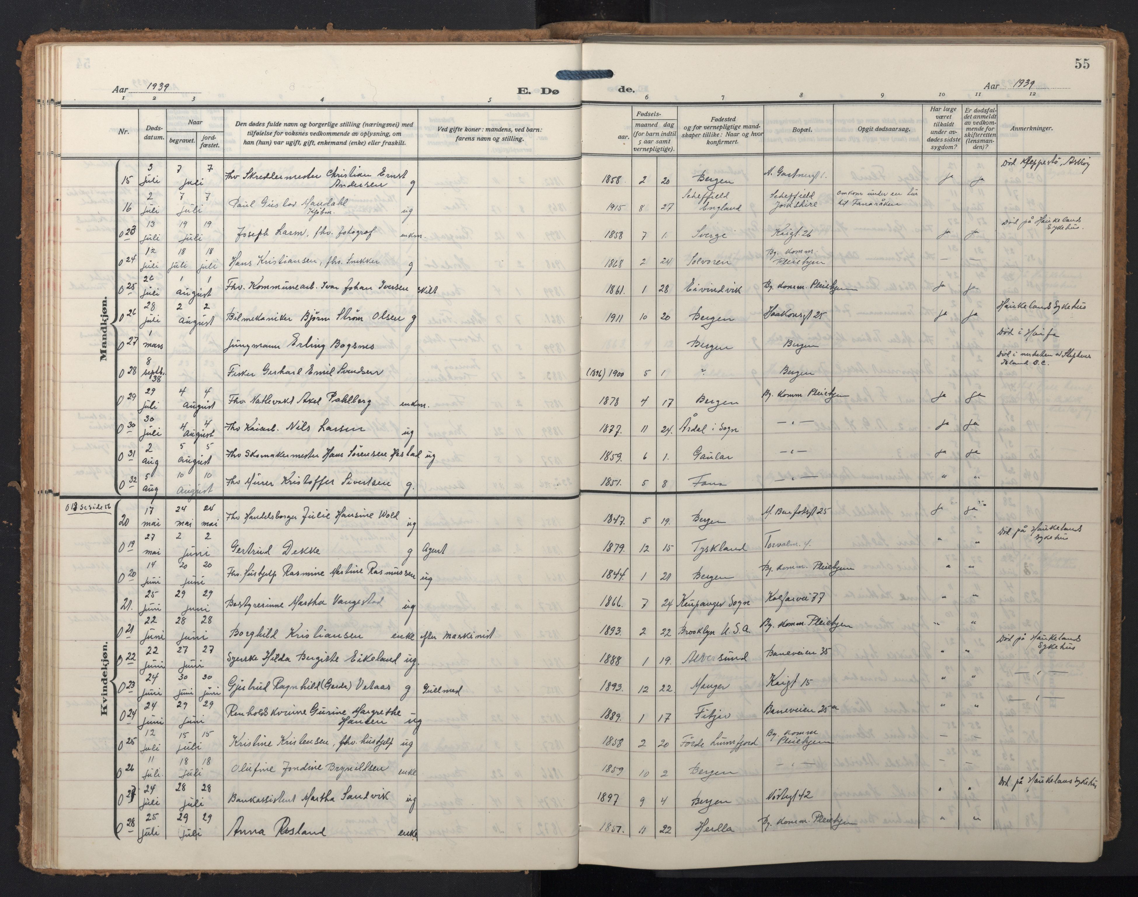 Domkirken sokneprestembete, SAB/A-74801/H/Hab/L0043: Klokkerbok nr. E 7, 1929-1965, s. 54b-55a