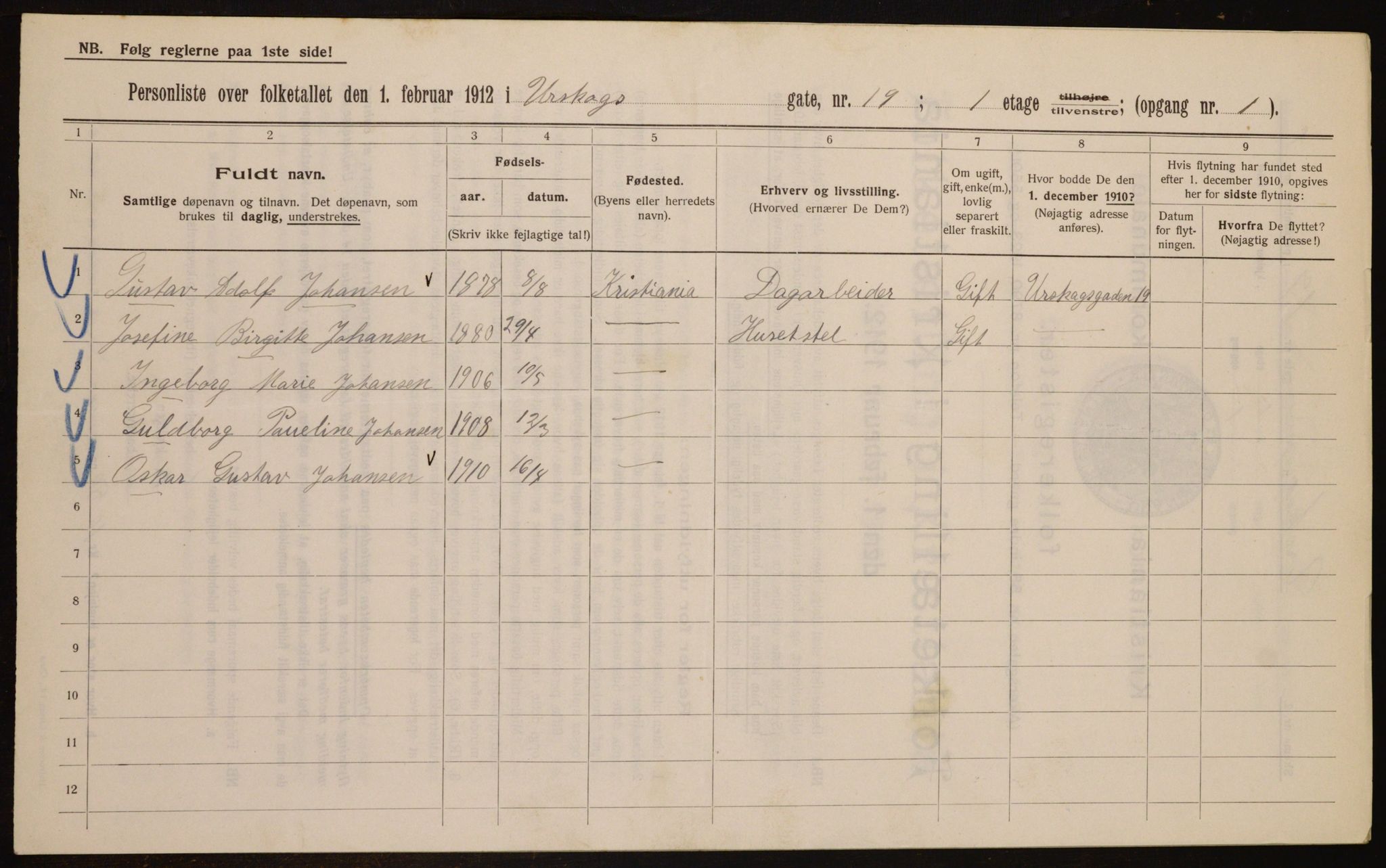 OBA, Kommunal folketelling 1.2.1912 for Kristiania, 1912, s. 2531