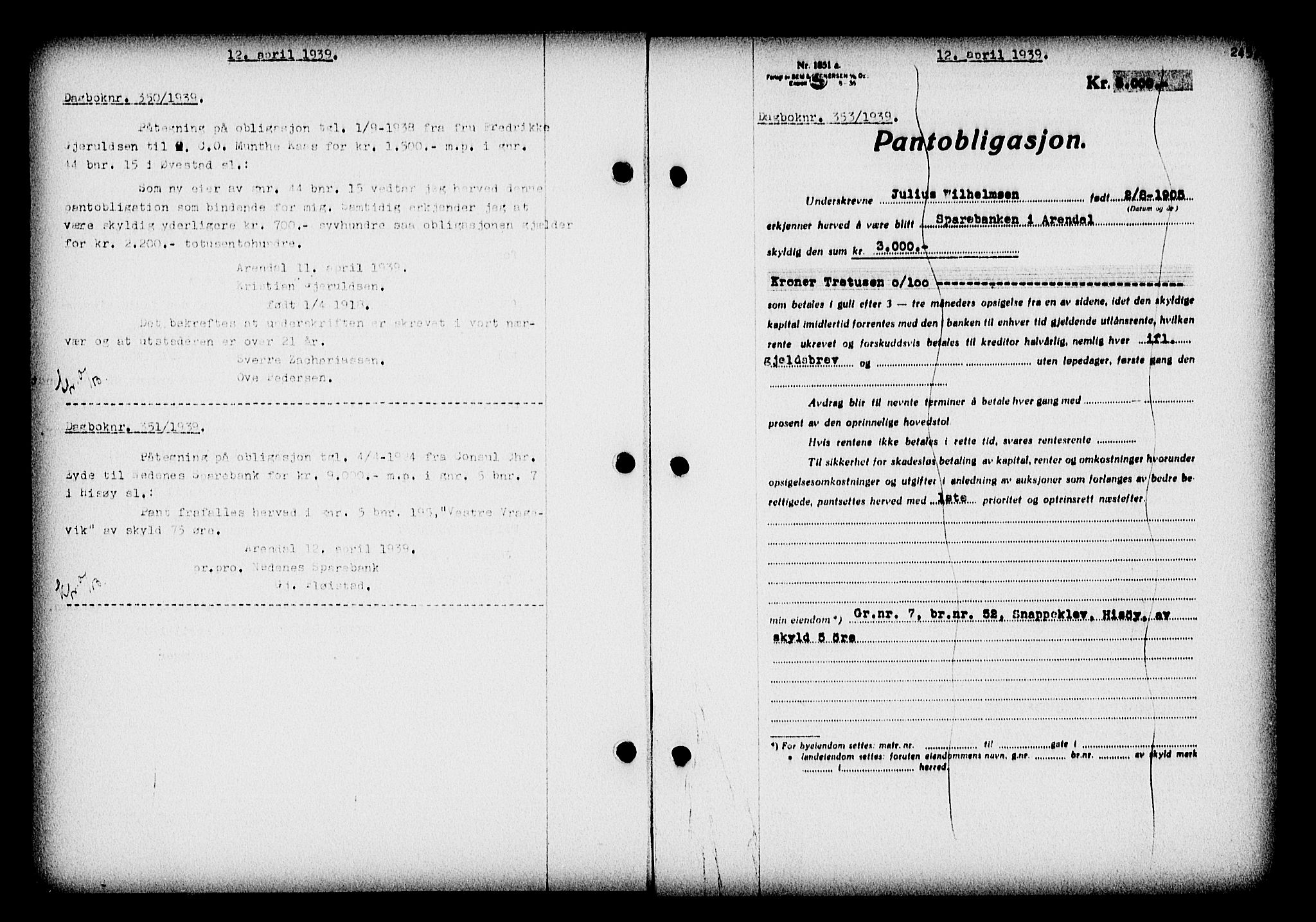 Nedenes sorenskriveri, SAK/1221-0006/G/Gb/Gba/L0046: Pantebok nr. 42, 1938-1939, Dagboknr: 353/1939