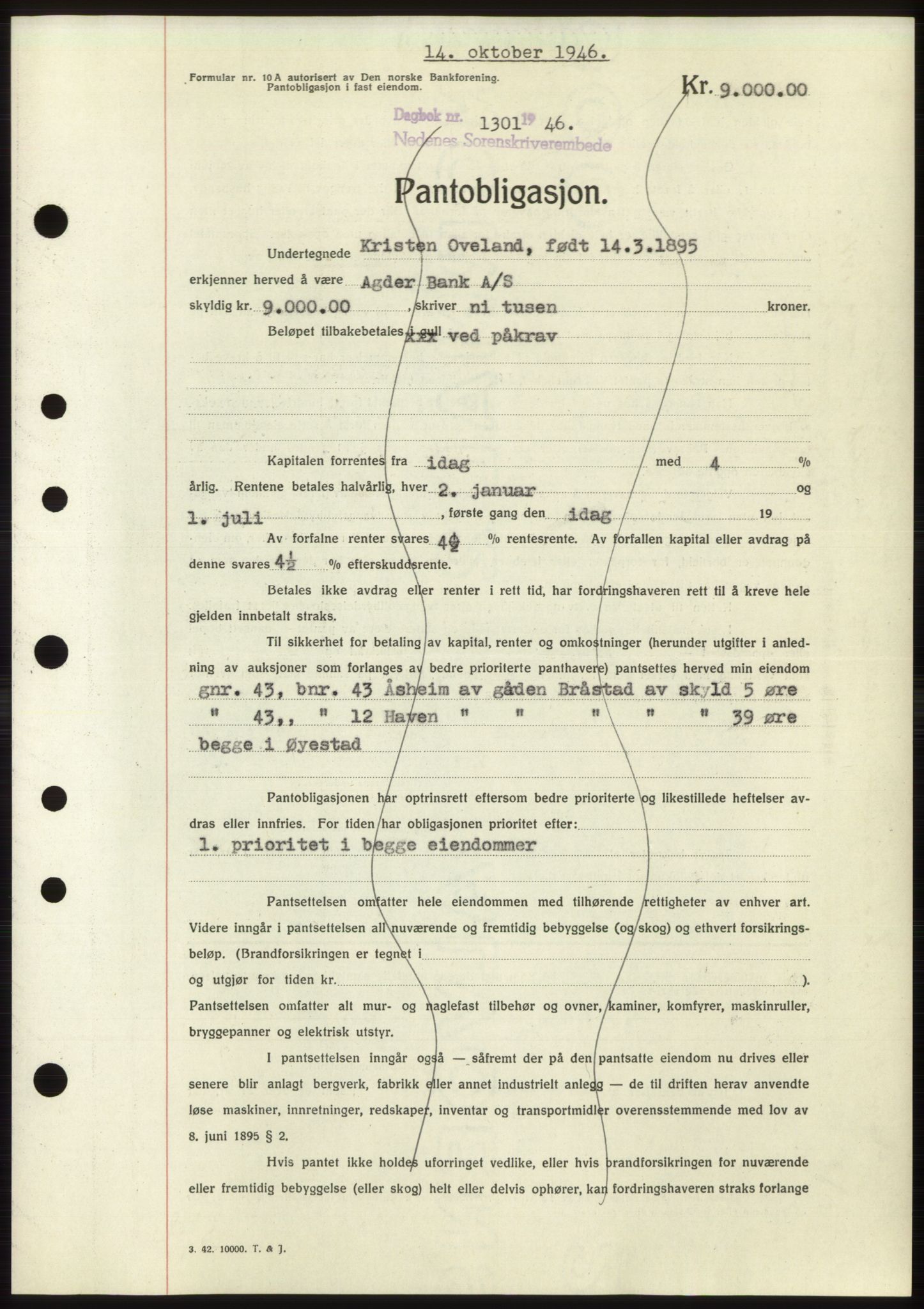 Nedenes sorenskriveri, SAK/1221-0006/G/Gb/Gbb/L0003: Pantebok nr. B3b, 1946-1946, Dagboknr: 1301/1946