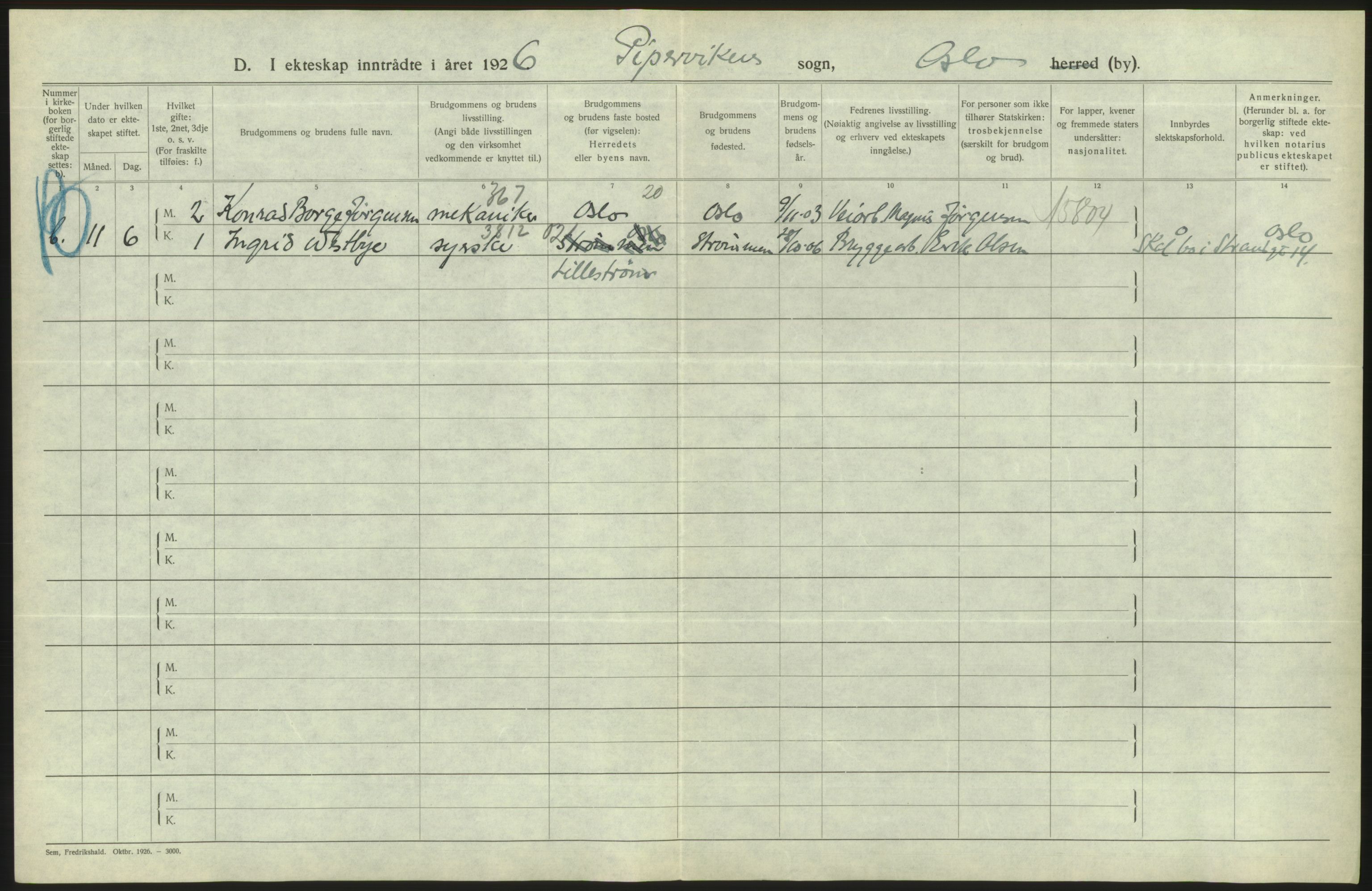 Statistisk sentralbyrå, Sosiodemografiske emner, Befolkning, AV/RA-S-2228/D/Df/Dfc/Dfcf/L0008: Oslo: Gifte, 1926, s. 768