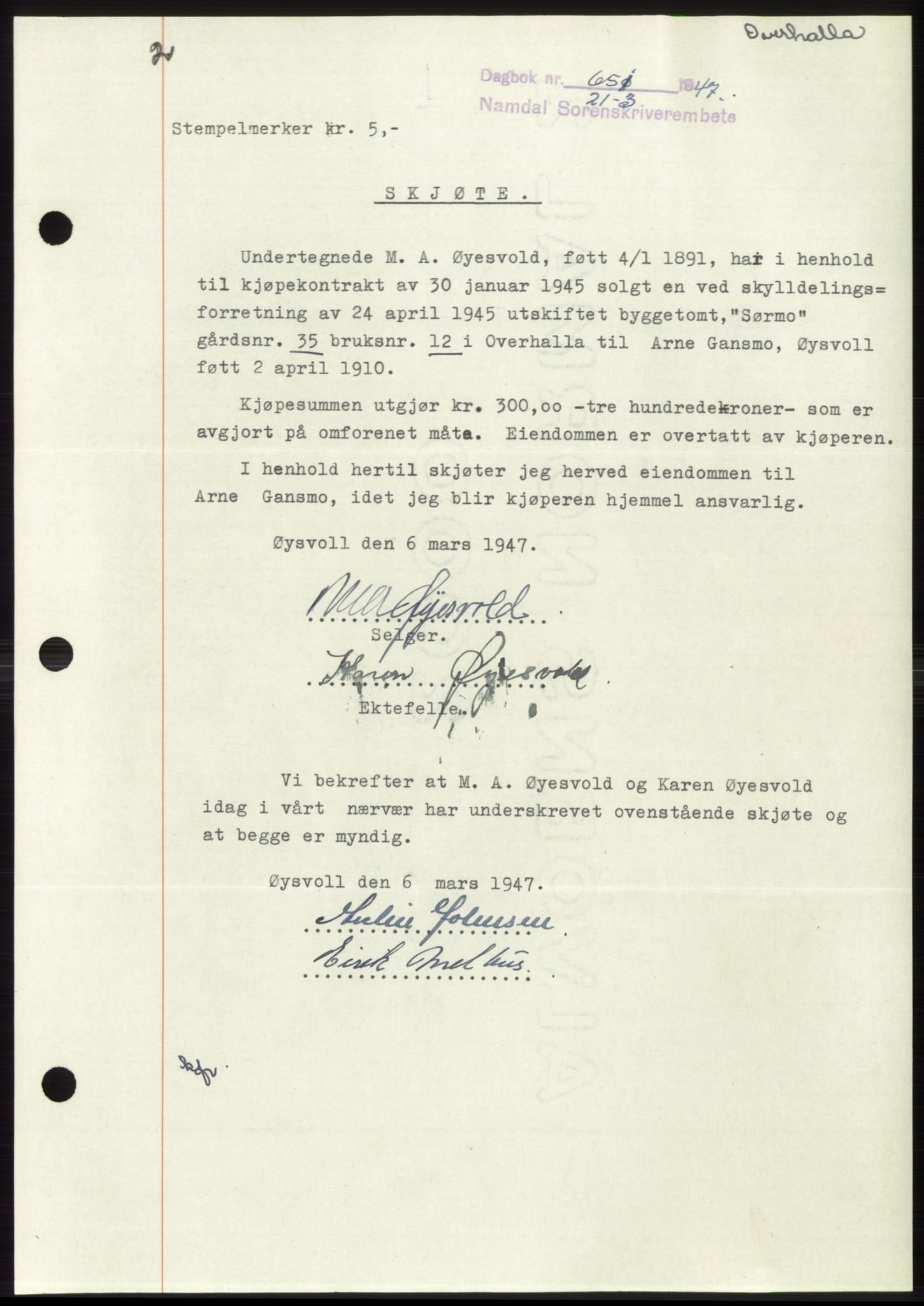 Namdal sorenskriveri, SAT/A-4133/1/2/2C: Pantebok nr. -, 1946-1947, Dagboknr: 651/1947