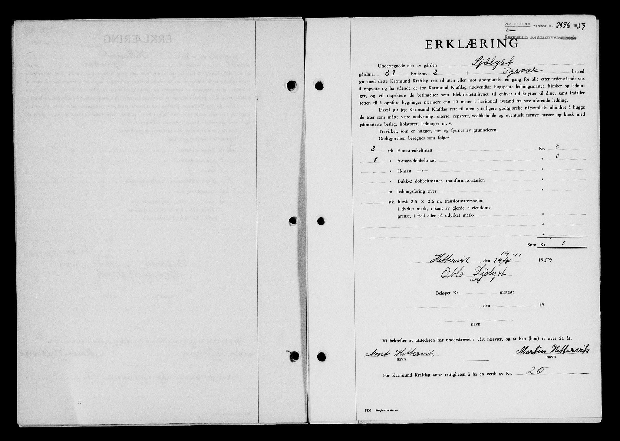 Karmsund sorenskriveri, SAST/A-100311/01/II/IIB/L0132: Pantebok nr. 112A, 1959-1959, Dagboknr: 2896/1959