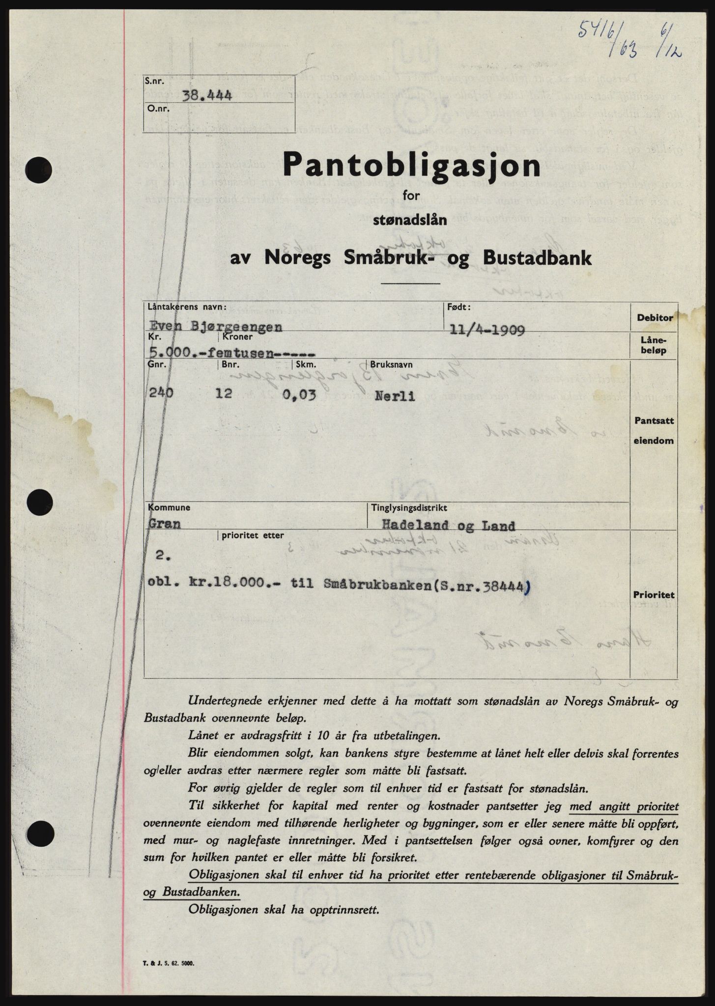 Hadeland og Land tingrett, SAH/TING-010/H/Hb/Hbc/L0053: Pantebok nr. B53, 1963-1964, Dagboknr: 5416/1963