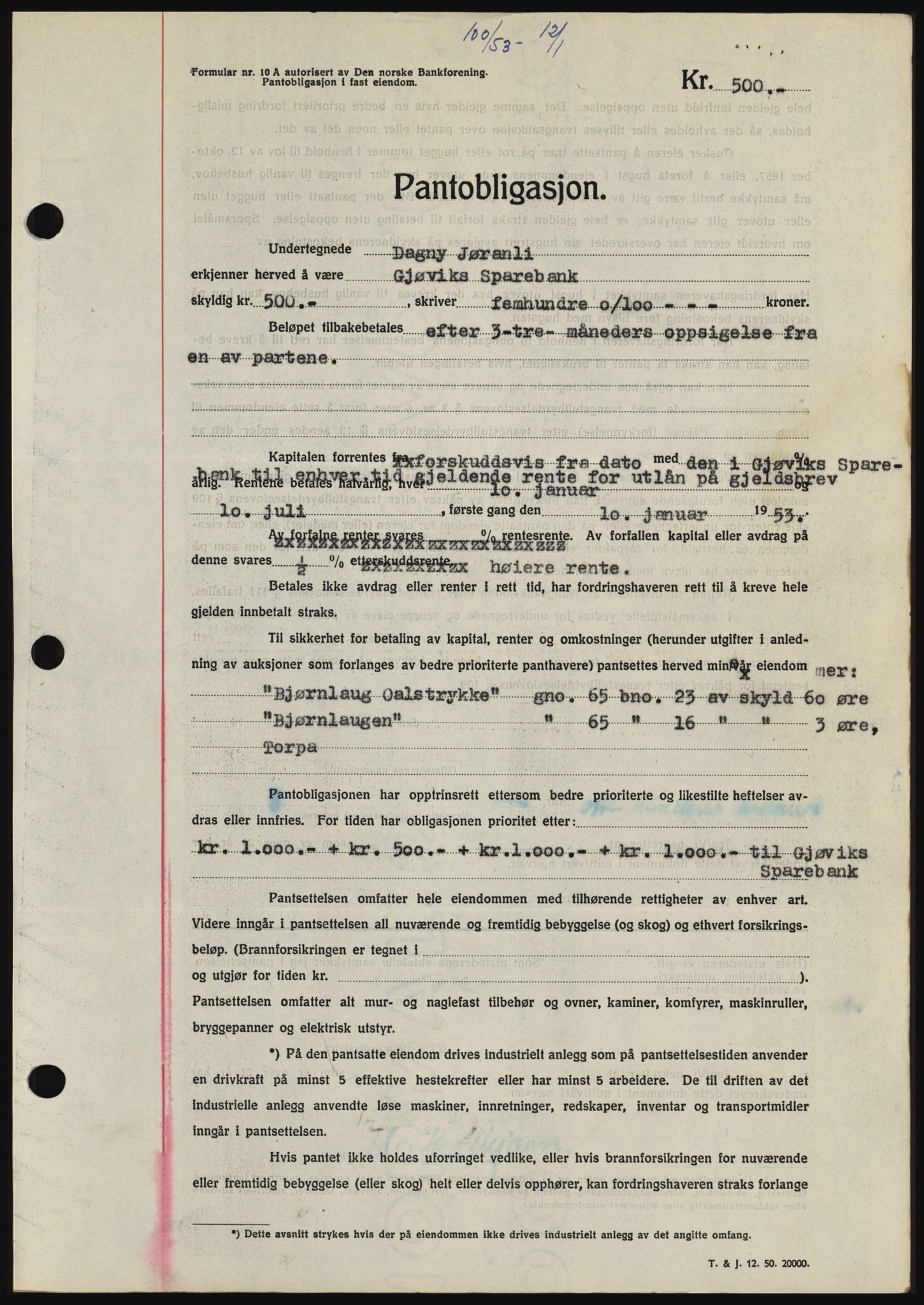 Hadeland og Land tingrett, SAH/TING-010/H/Hb/Hbc/L0026: Pantebok nr. B26, 1953-1953, Dagboknr: 100/1953