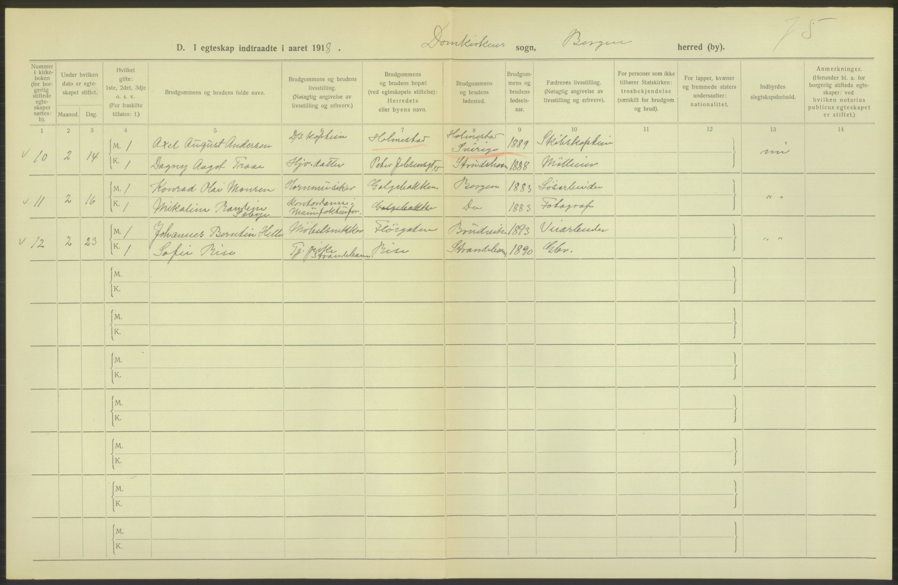 Statistisk sentralbyrå, Sosiodemografiske emner, Befolkning, RA/S-2228/D/Df/Dfb/Dfbh/L0038: Bergen: Gifte, dødfødte., 1918, s. 274