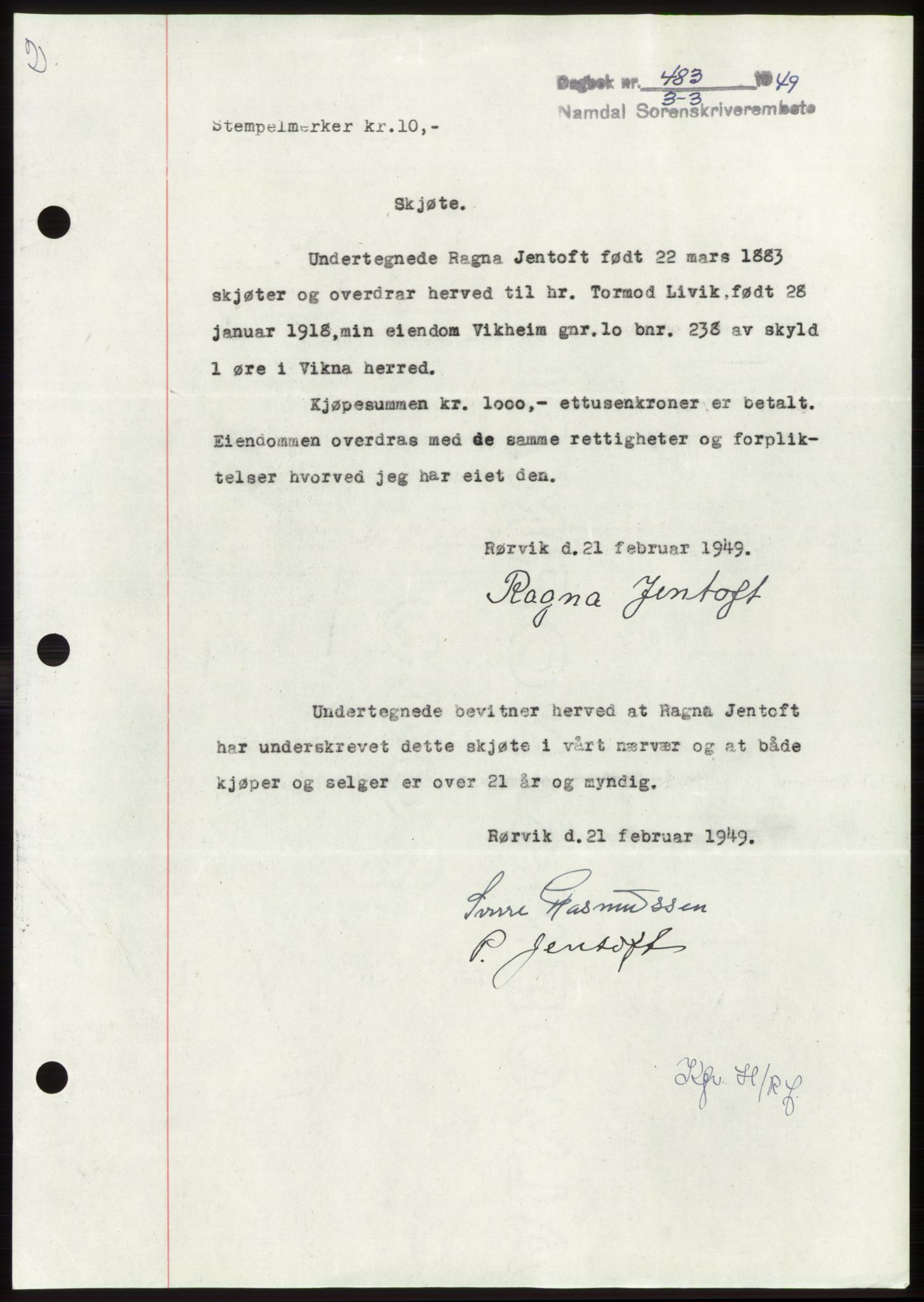 Namdal sorenskriveri, SAT/A-4133/1/2/2C: Pantebok nr. -, 1949-1949, Dagboknr: 483/1949