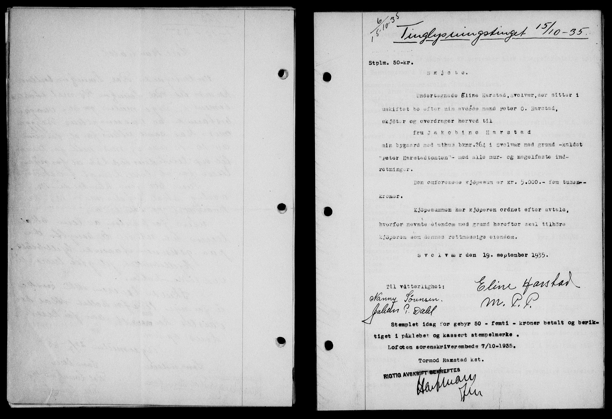 Lofoten sorenskriveri, SAT/A-0017/1/2/2C/L0032b: Pantebok nr. 32b, 1935-1935, Tingl.dato: 15.10.1935