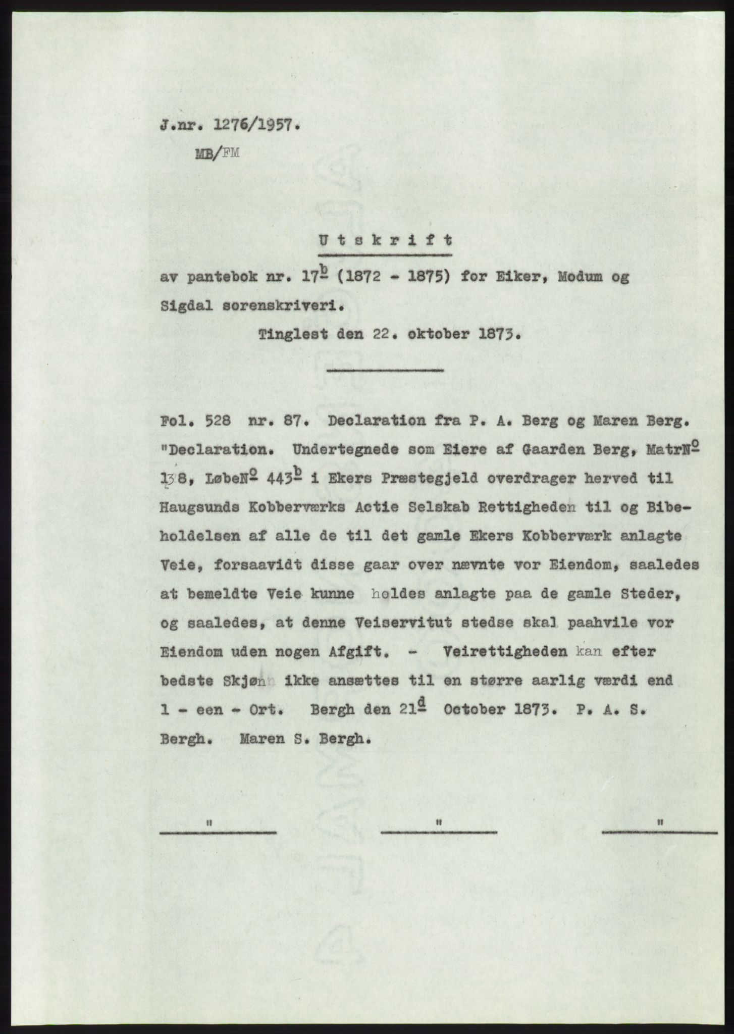 Statsarkivet i Kongsberg, AV/SAKO-A-0001/E/Ee/L0011: Avskrifter, SAO jnr. 1262/1957 - 200/1958, 1957-1958, s. 21
