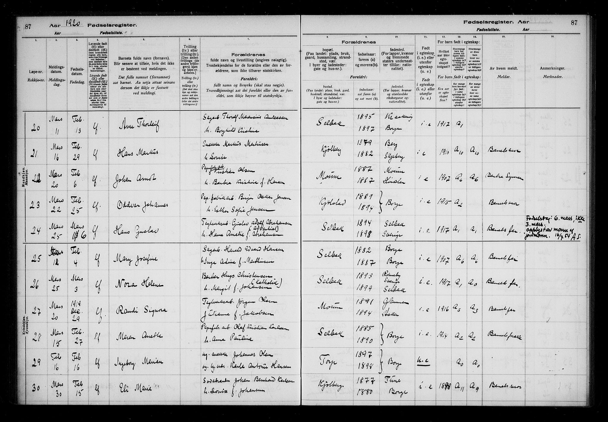 Borge prestekontor Kirkebøker, AV/SAO-A-10903/J/Ja/L0001: Fødselsregister nr. I 1, 1916-1925, s. 87