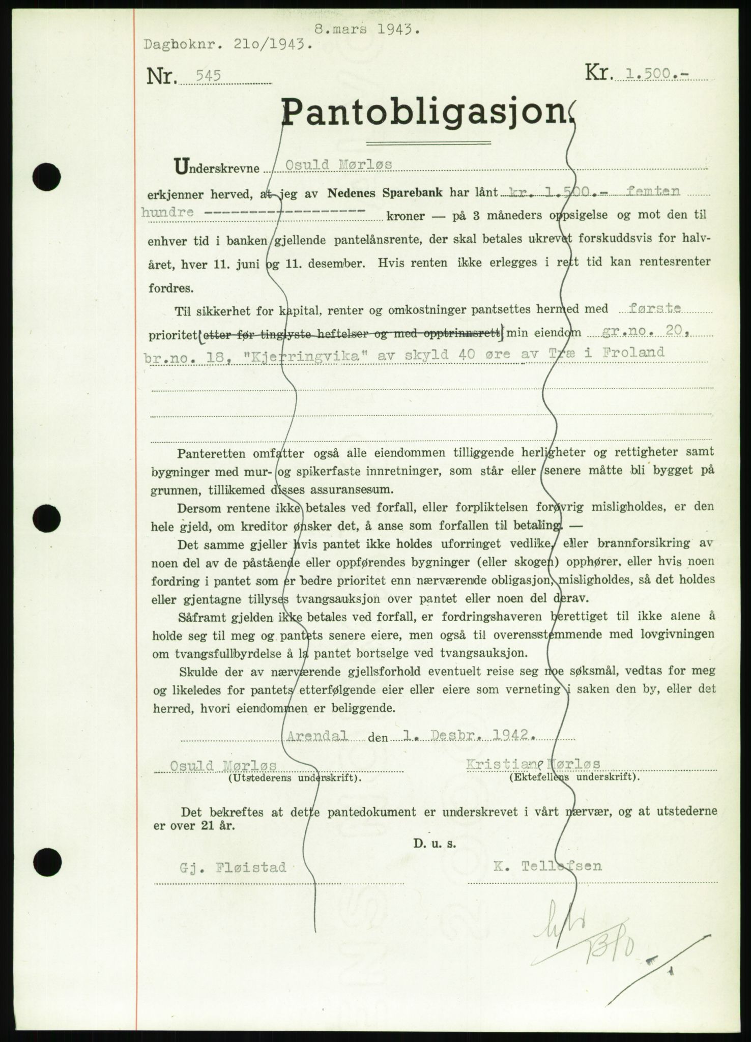 Nedenes sorenskriveri, SAK/1221-0006/G/Gb/Gbb/L0002: Pantebok nr. II, 1942-1945, Dagboknr: 210/1943