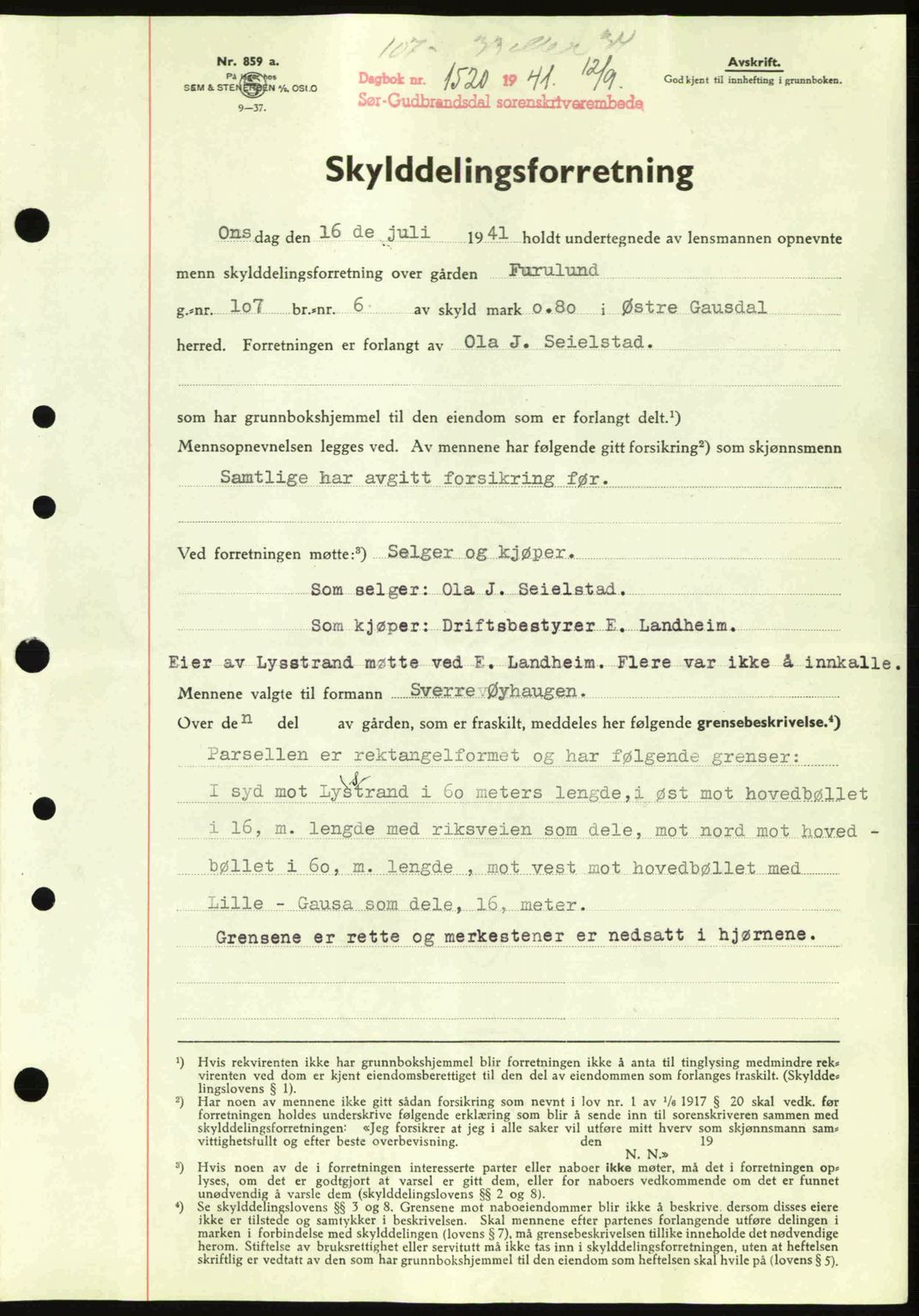 Sør-Gudbrandsdal tingrett, SAH/TING-004/H/Hb/Hbd/L0009: Pantebok nr. A9, 1941-1941, Dagboknr: 1520/1941