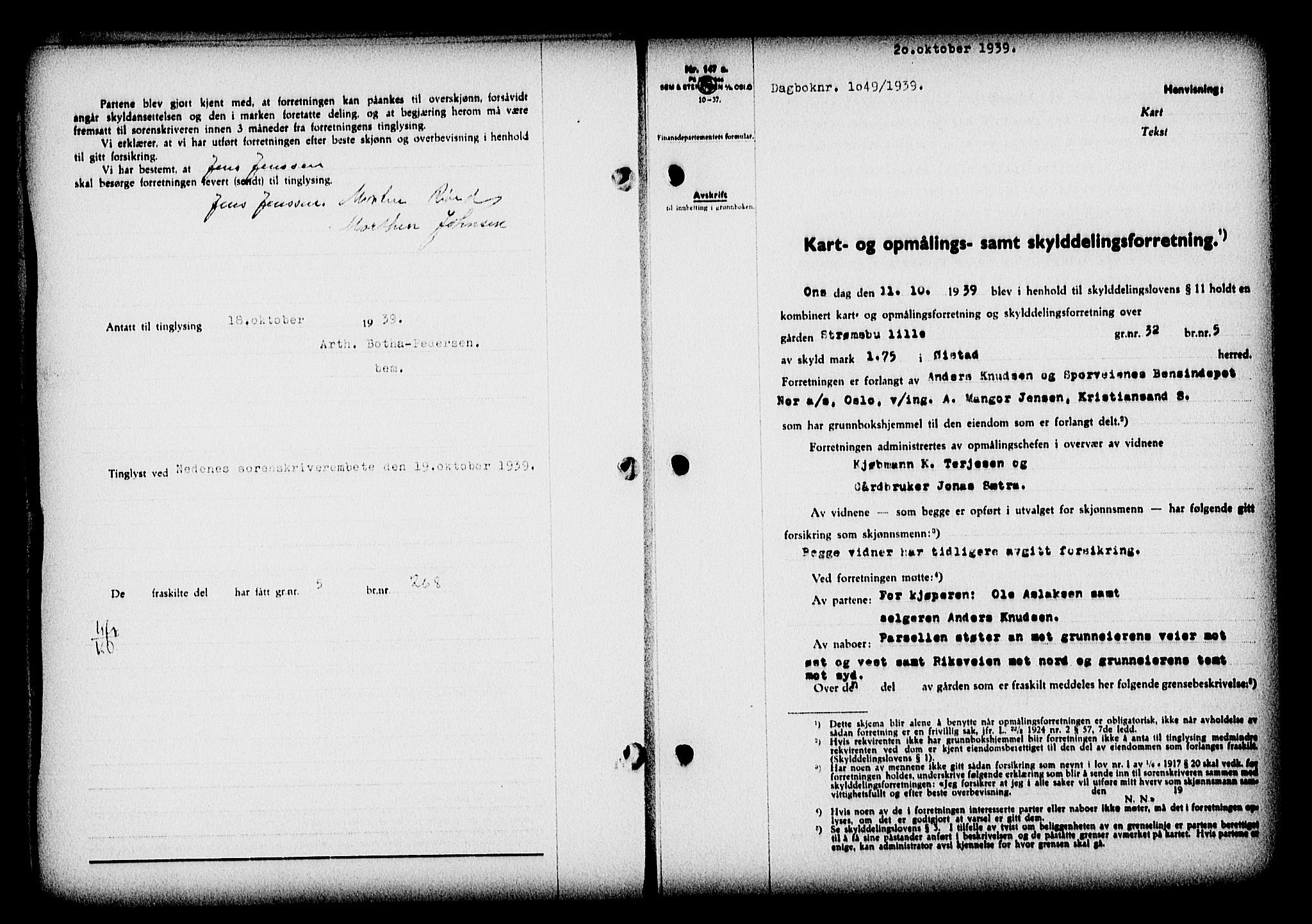 Nedenes sorenskriveri, SAK/1221-0006/G/Gb/Gba/L0047: Pantebok nr. A-I, 1939-1940, Dagboknr: 1049/1939