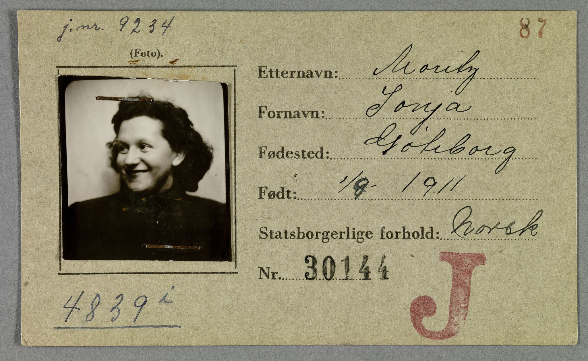 Sosialdepartementet, Våre Falne, AV/RA-S-1708/E/Ee/Eea/L0021A: Legitimasjonskort med fotografier for jøder, 1941-1942, s. 269