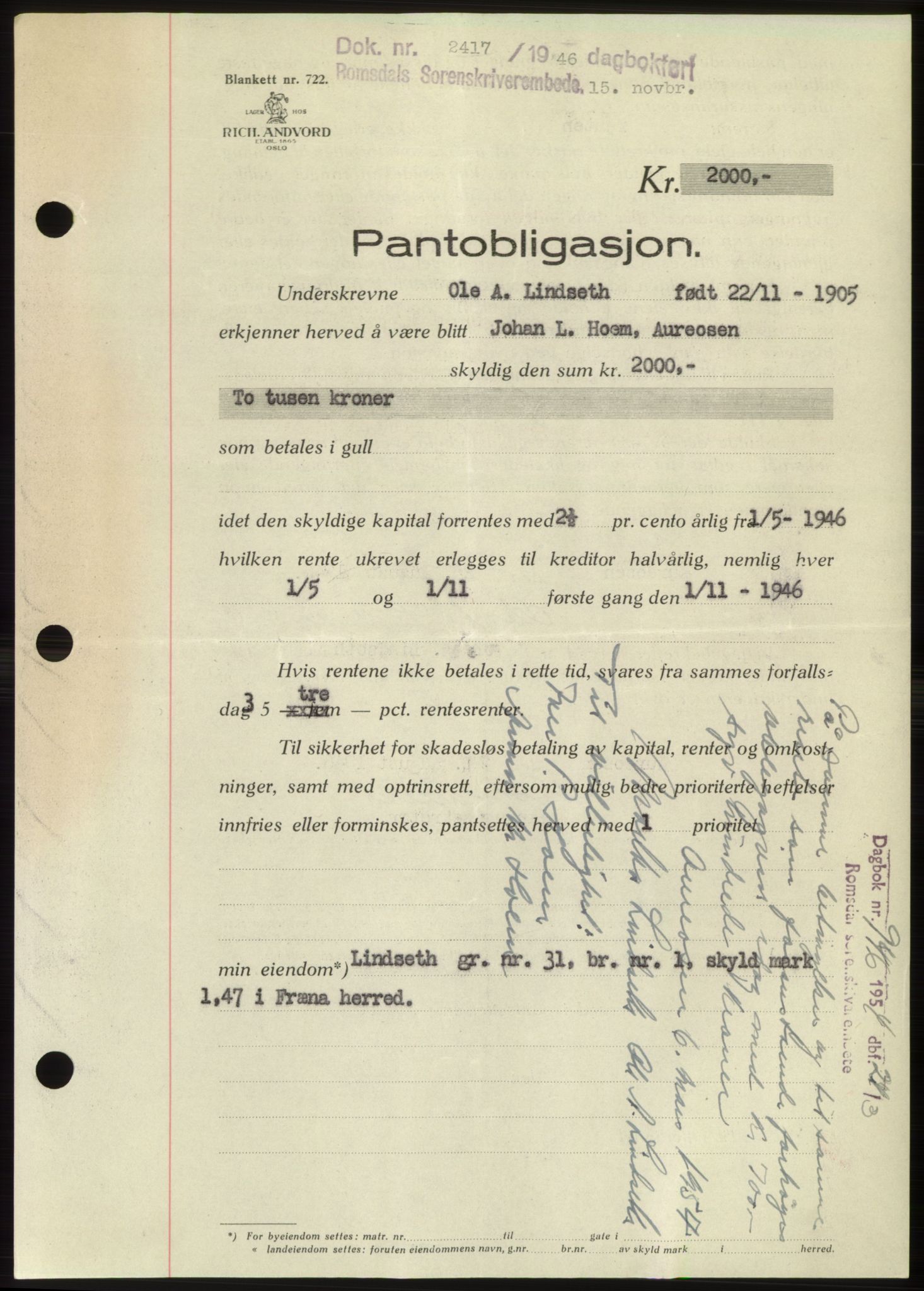 Romsdal sorenskriveri, AV/SAT-A-4149/1/2/2C: Pantebok nr. B3, 1946-1948, Dagboknr: 2417/1946