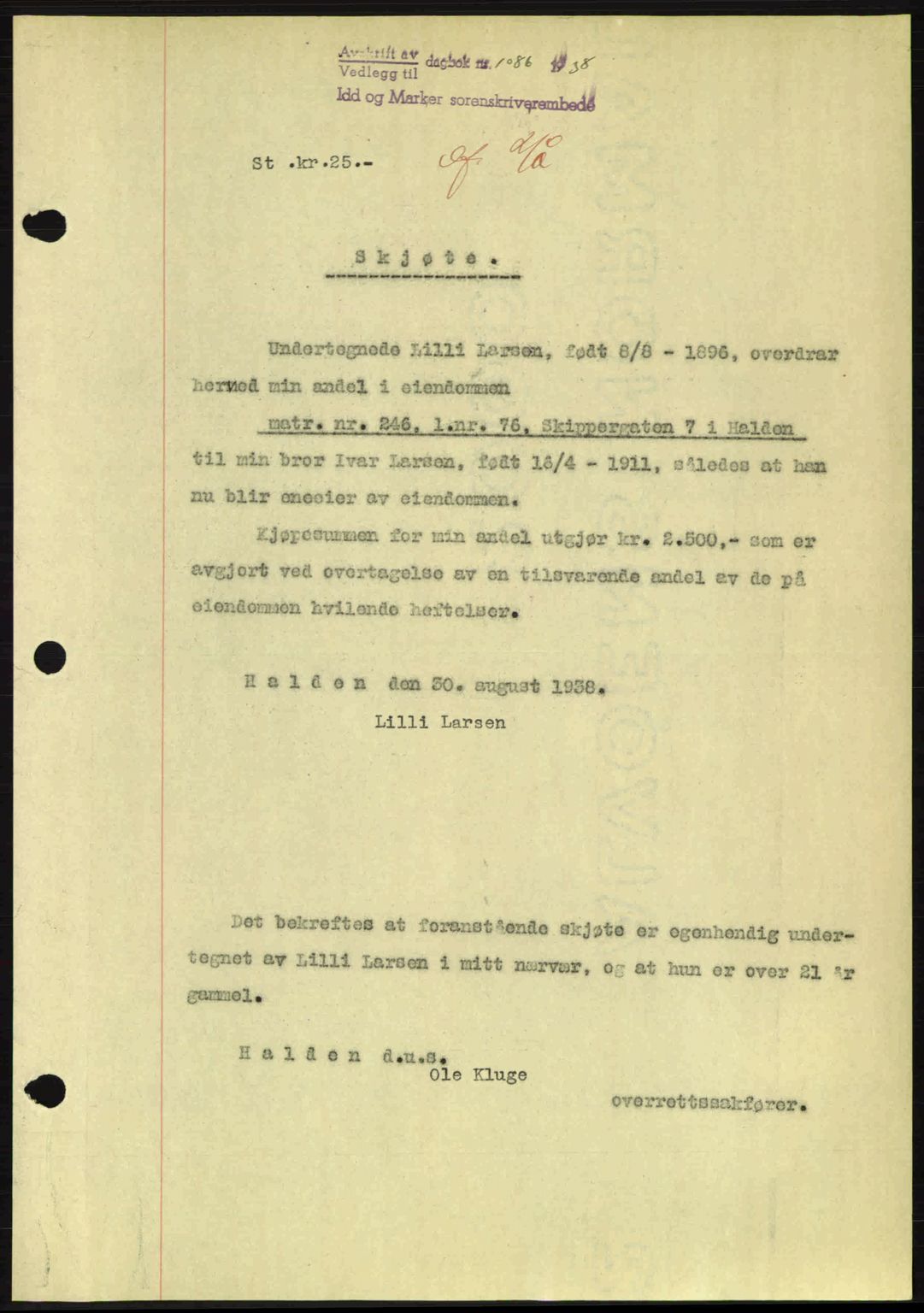 Idd og Marker sorenskriveri, AV/SAO-A-10283/G/Gb/Gbb/L0002: Pantebok nr. A2, 1937-1938, Dagboknr: 1086/1938