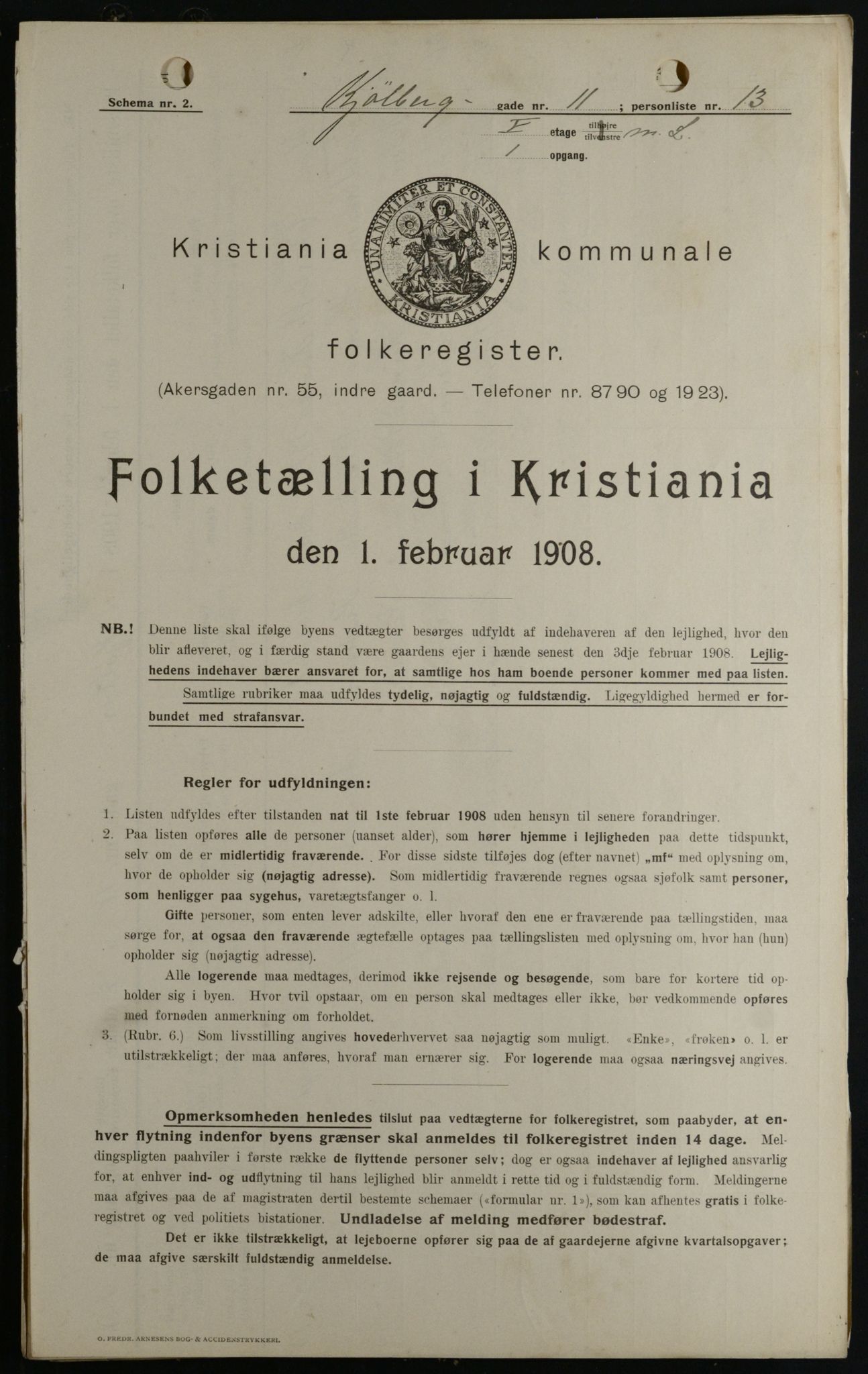 OBA, Kommunal folketelling 1.2.1908 for Kristiania kjøpstad, 1908, s. 46056