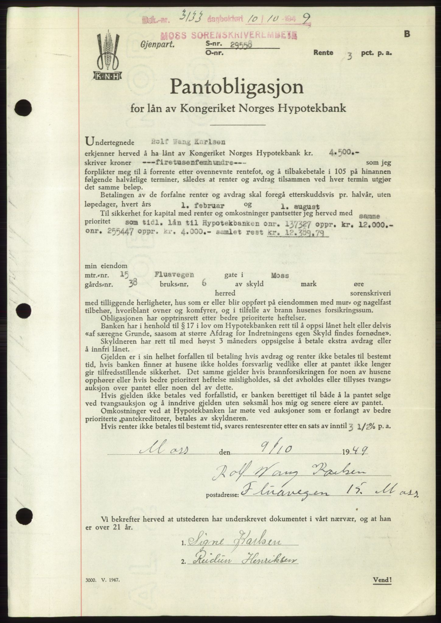 Moss sorenskriveri, SAO/A-10168: Pantebok nr. B22, 1949-1949, Dagboknr: 3133/1949