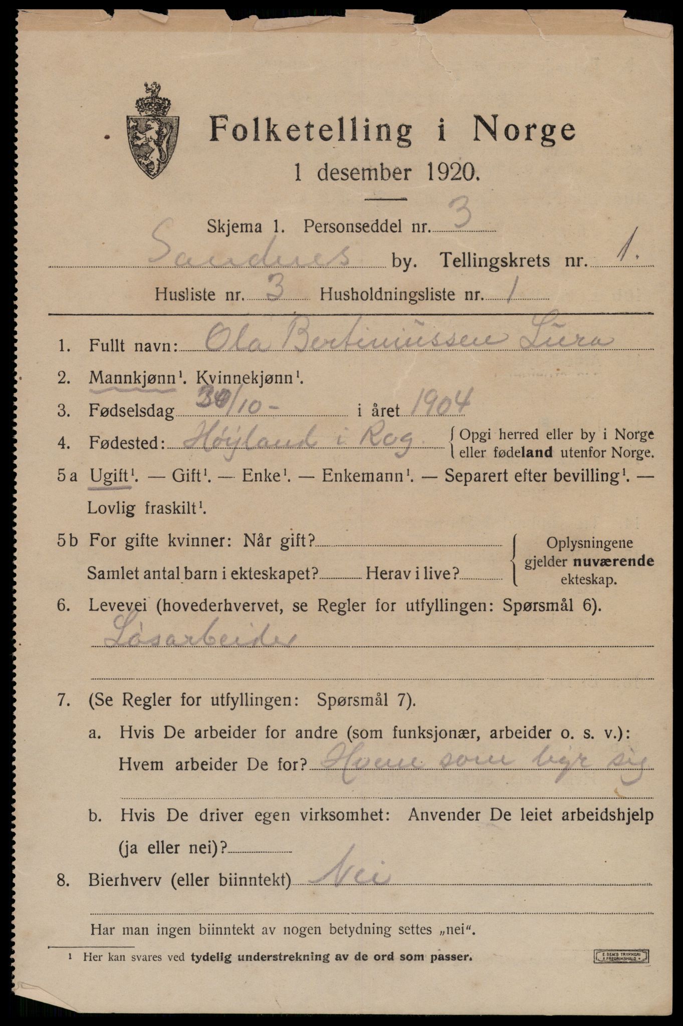 SAST, Folketelling 1920 for 1102 Sandnes ladested, 1920, s. 2504