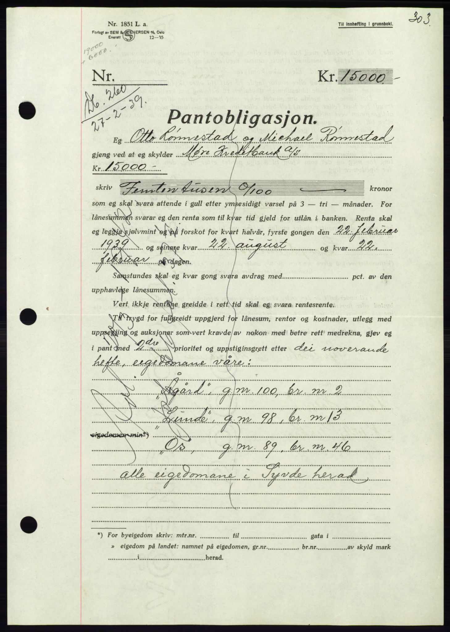 Søre Sunnmøre sorenskriveri, AV/SAT-A-4122/1/2/2C/L0067: Pantebok nr. 61, 1938-1939, Dagboknr: 260/1939